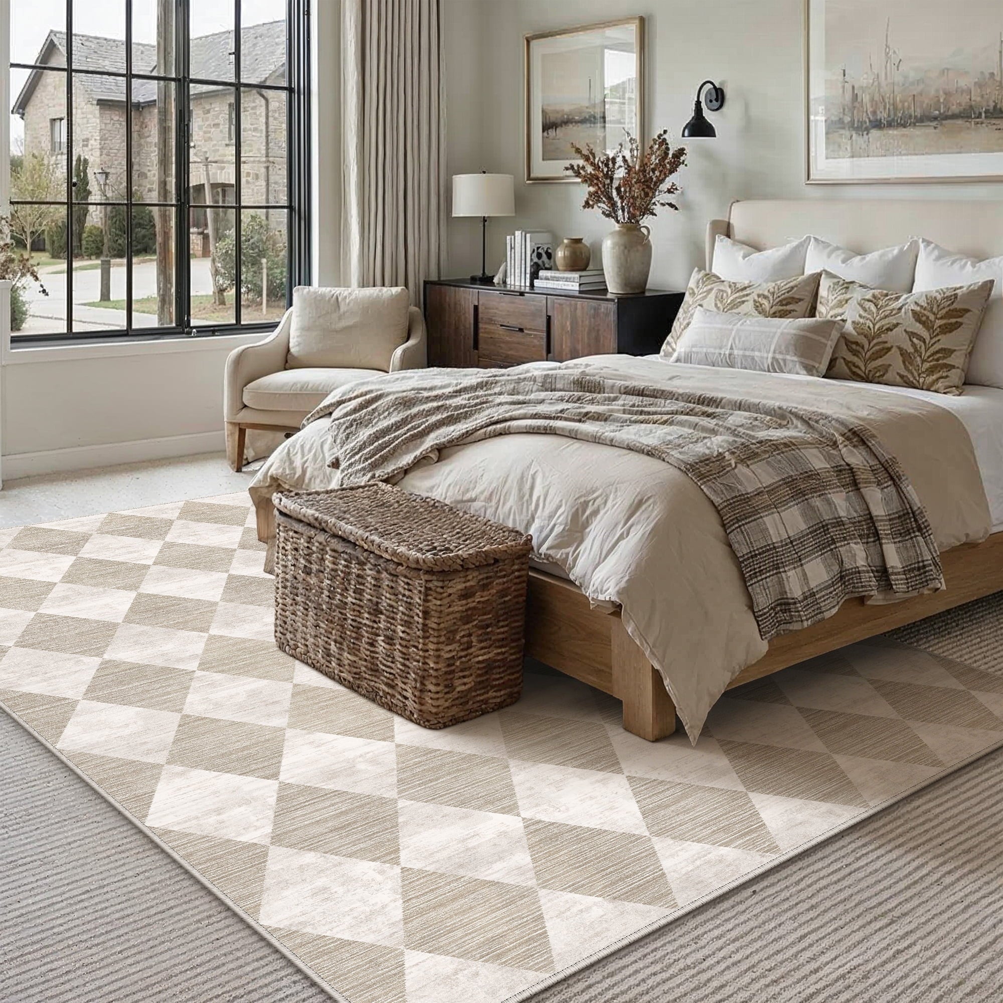 BERTHMEER 9'x12' Area Rugs for Living Room Bedroom Rhombus Checkered Large Rugs Office Dining Room Farmhouse Non Slip Washable Geometric Modern Contemporary Rugs Carpets,Beige