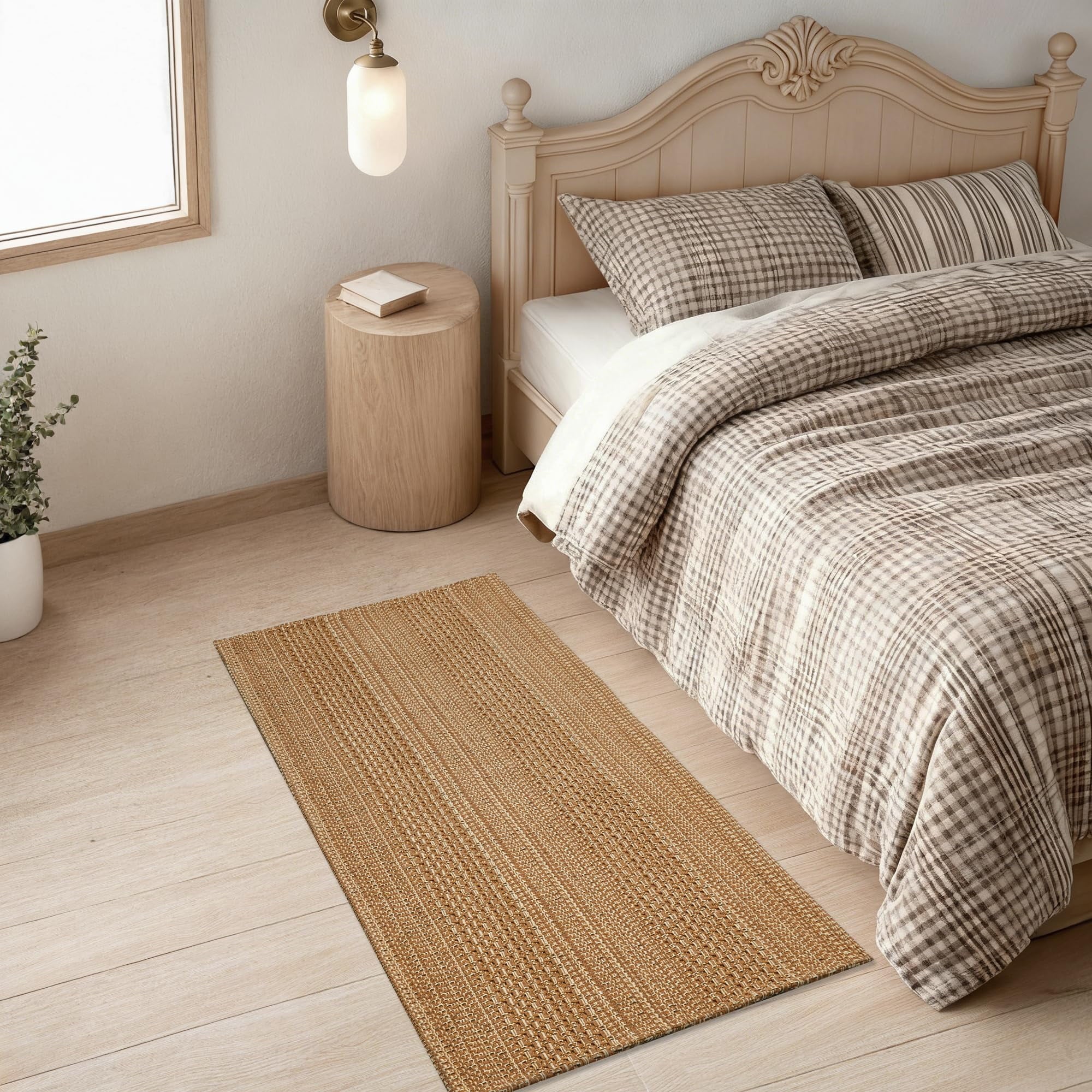 2'x6' Boho Runner Rug Kitchen Mat Non-Slip - Machine Washable Hallway & Entryway Carpet, Hand-Woven Cotton Farmhouse Design for Kitchen, High Traffic Areas, Light Taupe Brown