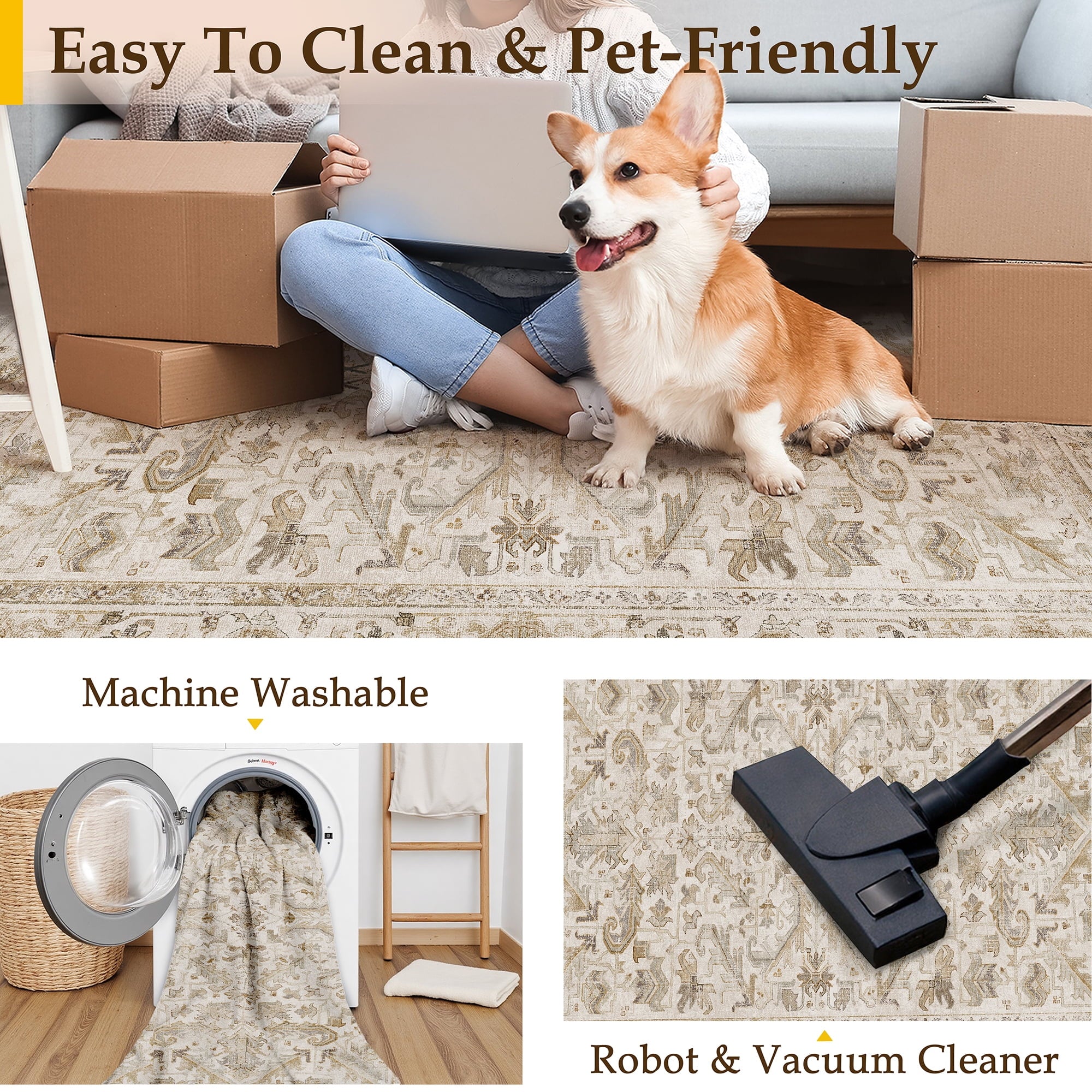 BERTHMEER 2'x6' Runner Rugs for Hallway Entryway Bathroom Bedroom Kitchen Non Slip Washable Beige Vintage Oriental Traditional Distressed Runner Rugs