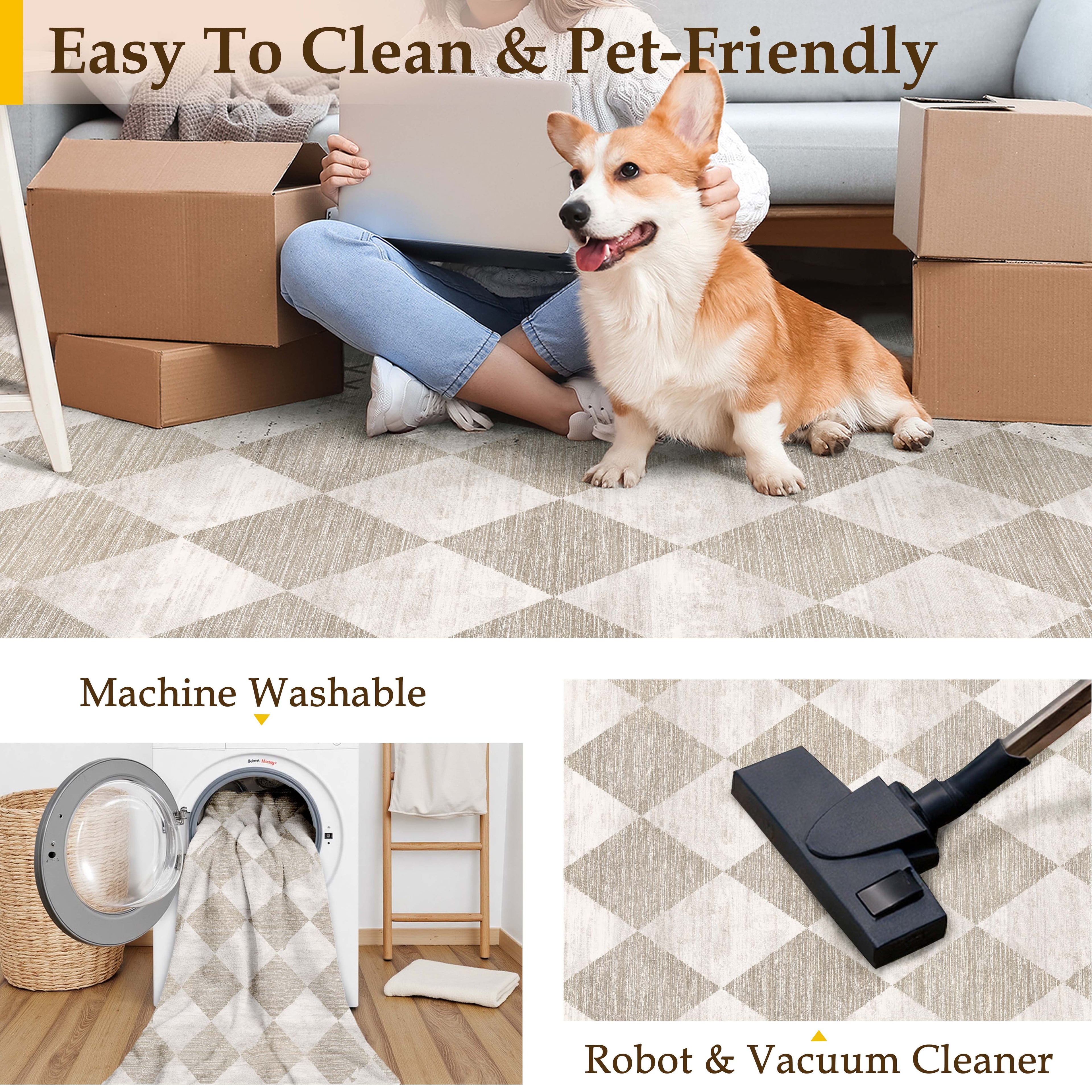 BERTHMEER 9'x12' Area Rugs for Living Room Bedroom Rhombus Checkered Large Rugs Office Dining Room Farmhouse Non Slip Washable Geometric Modern Contemporary Rugs Carpets,Beige