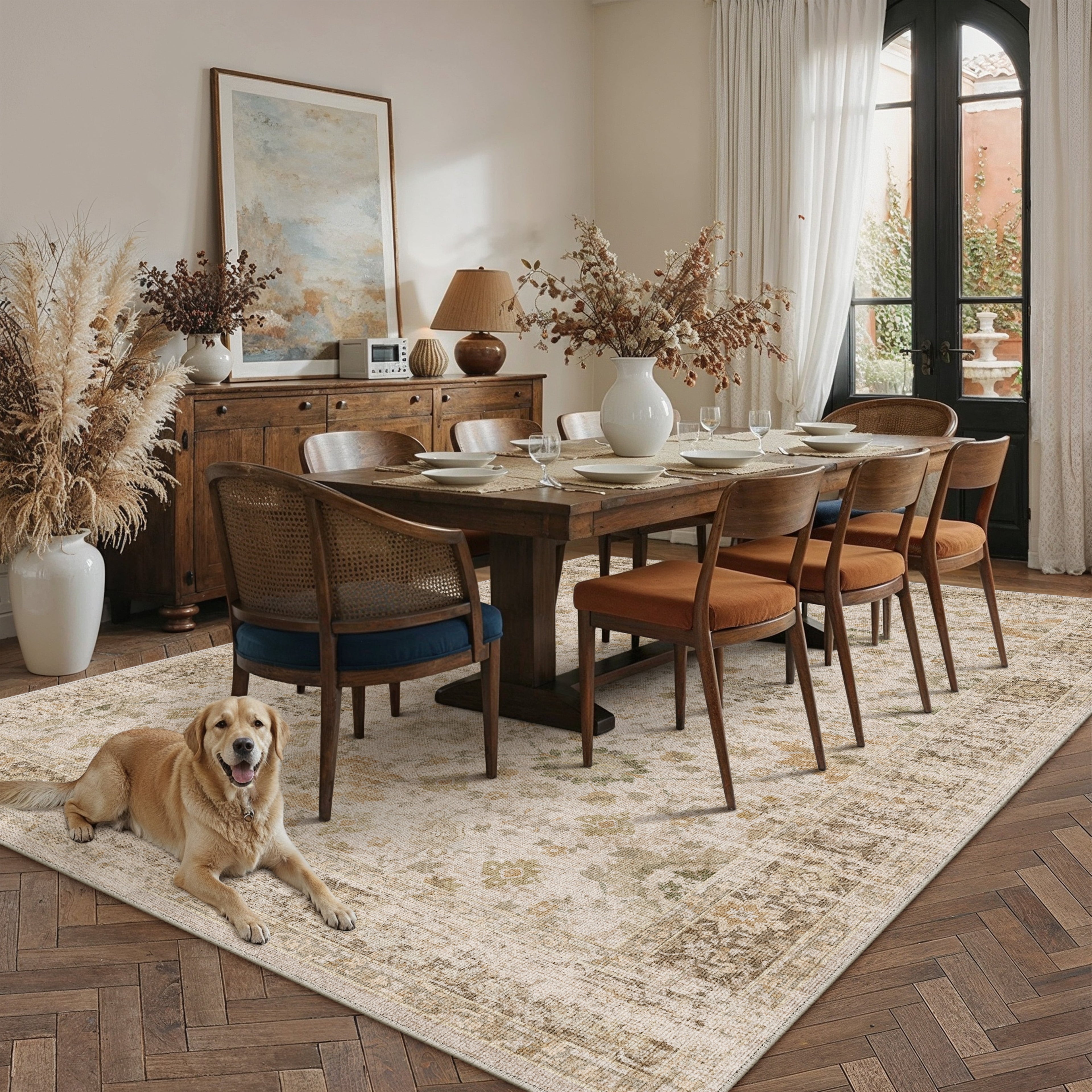 BERTHMEER 5'x7' Area Rugs for Living Room Vintage Beige Rugs for Bedroom Kitchen Non Slip Washable Carpets Oriental Distressed Home Office Dorm Dining Room Traditional Distressed Throw Rugs