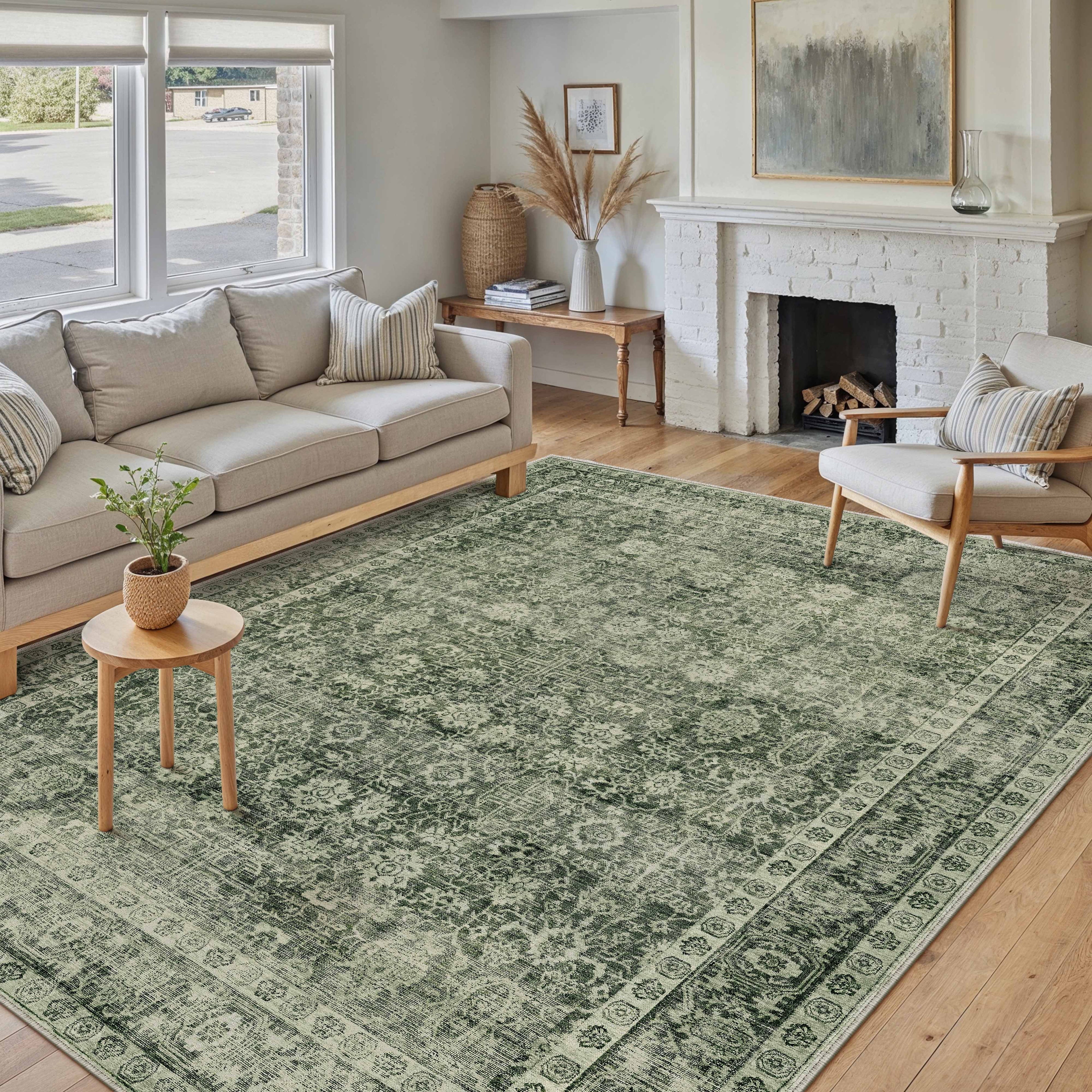 BERTHMEER 9'x12' Area Rugs for Living Room Rugs for Bedroom Green Vintage Non Slip Washable Large Farmhouse Office Dining Room Oriental Traditional Distressed Carpets