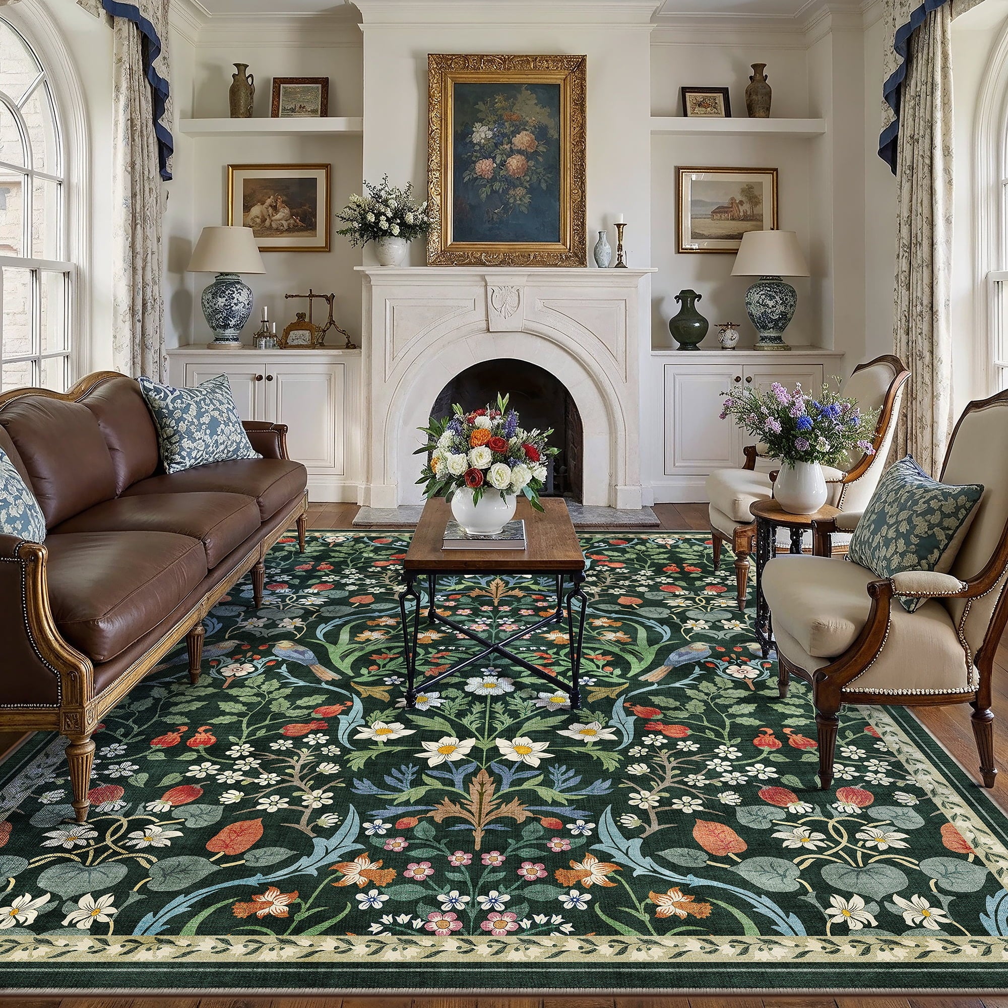 BERTHMEER Large 8'x10' Area Rugs for Living Room Rugs for Bedroom Kitchen Office Rugs Vintage Green Floral Carpets Machine Washable Farmhouse Dining Room Oriental Flower Non Slip Rugs, Multicolor