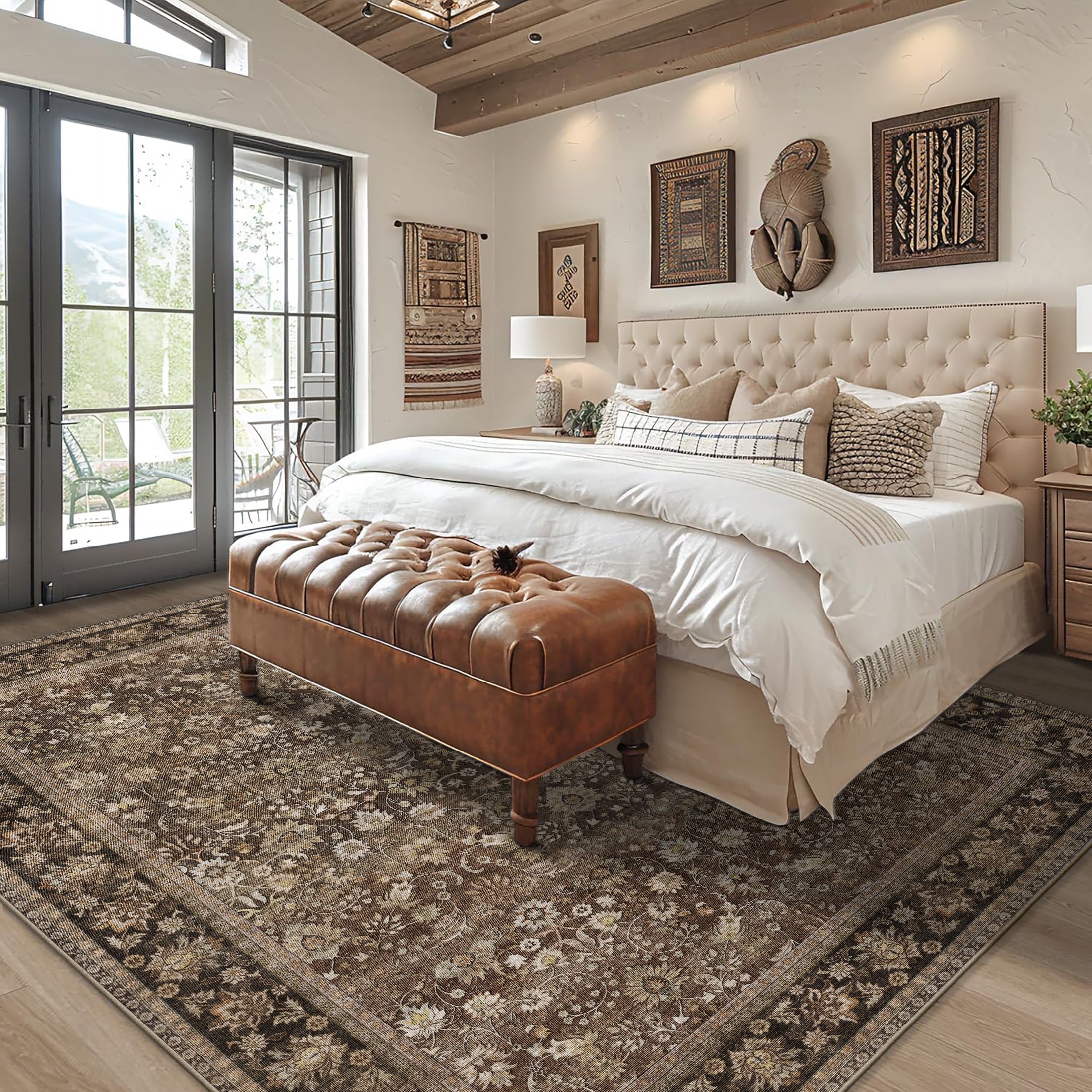 BERTHMEER 8'x10' Large Brown Area Rugs Vintage Oriental Traditional Rugs for Living Room Bedroom Dining Room Farmhouse Machine Washable Non-slip