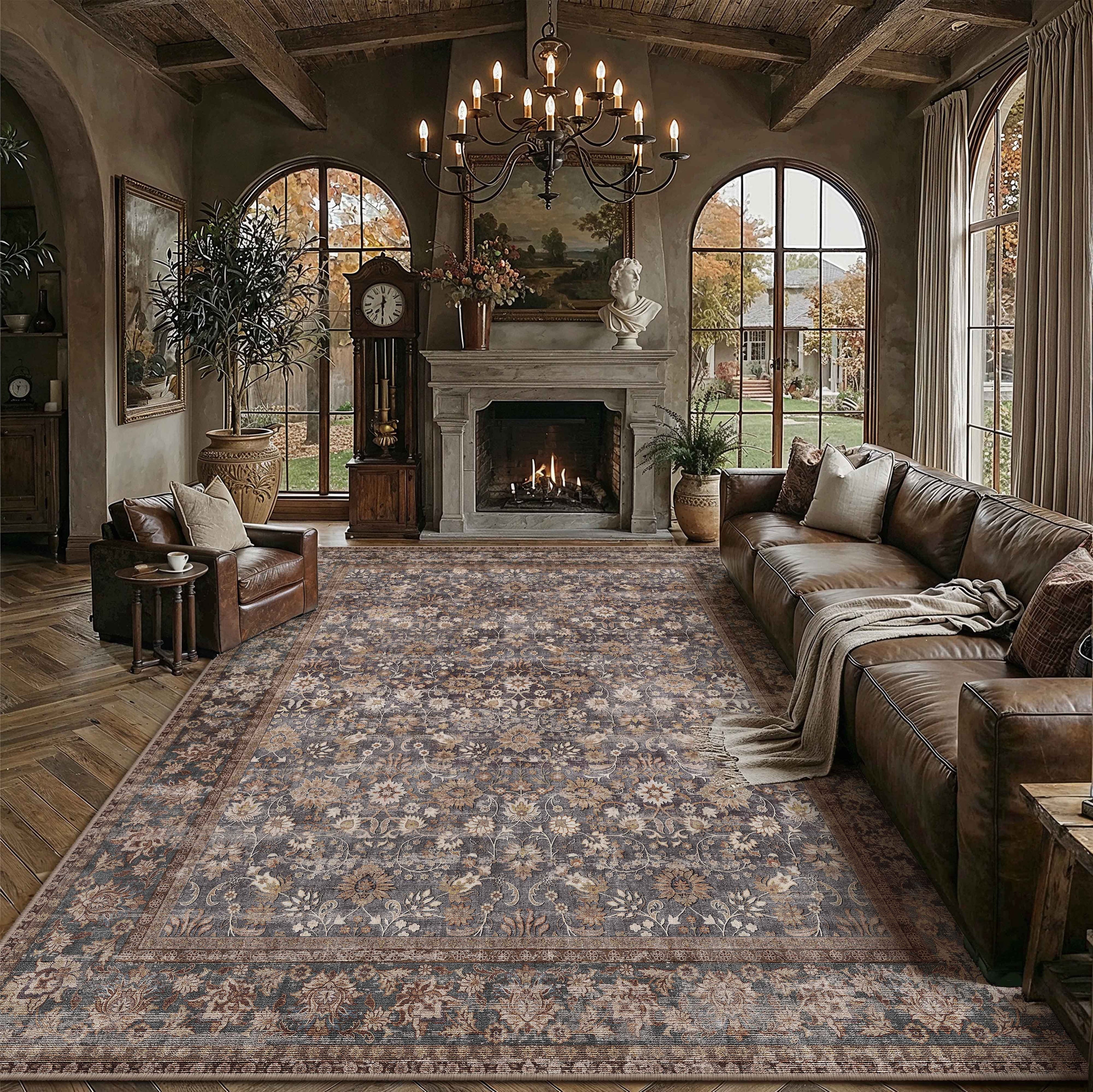 BERTHMEER 8'x10' Large Brown Area Rugs Vintage Oriental Traditional Rugs for Living Room Bedroom Dining Room Farmhouse Machine Washable Non-slip