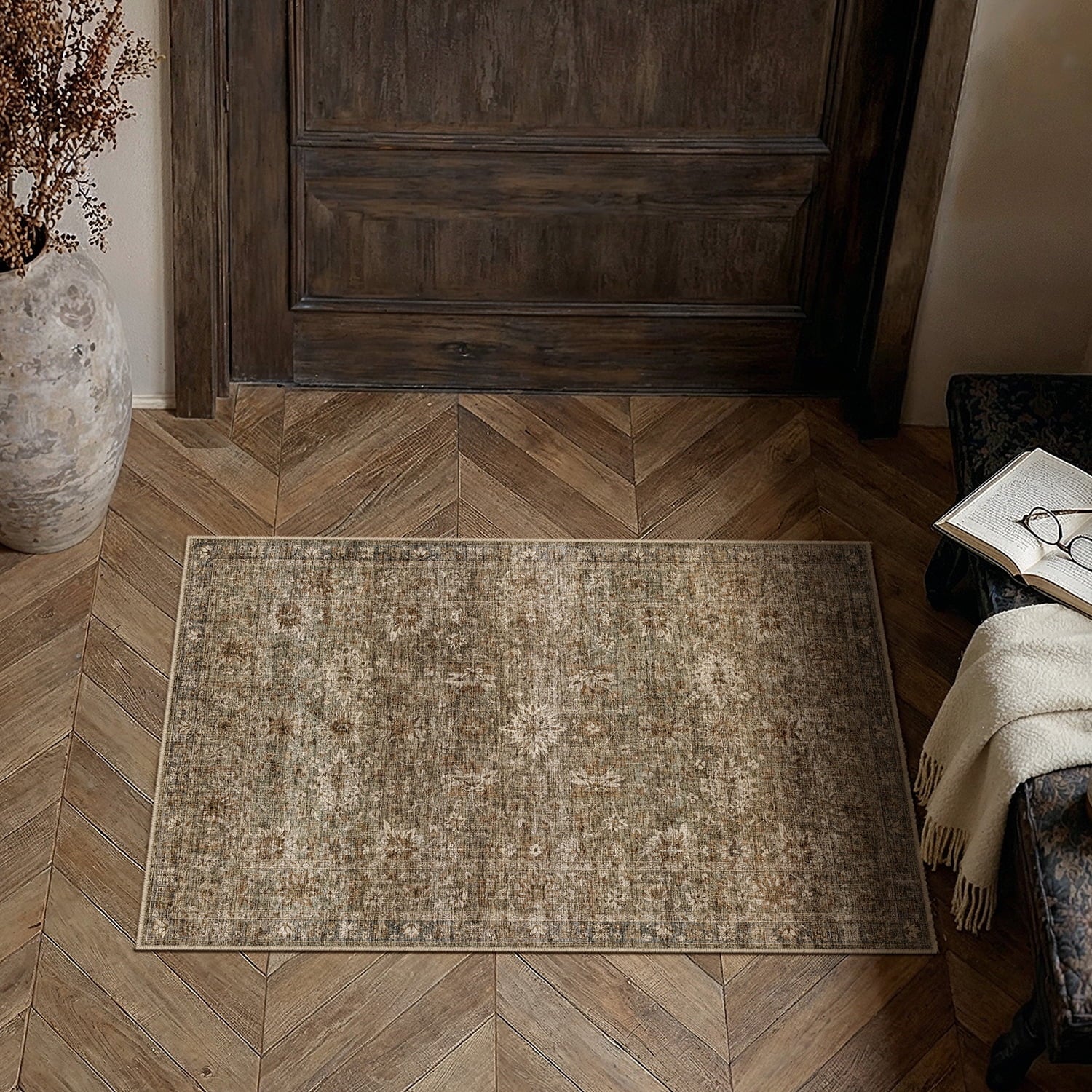 BERTHMEER 8'x10' Area Rugs for Living Room Bedroom Office Dining Room Farmhouse Oriental Non Slip Vintage Traditional Floral Rugs Carpets,Golden Brown