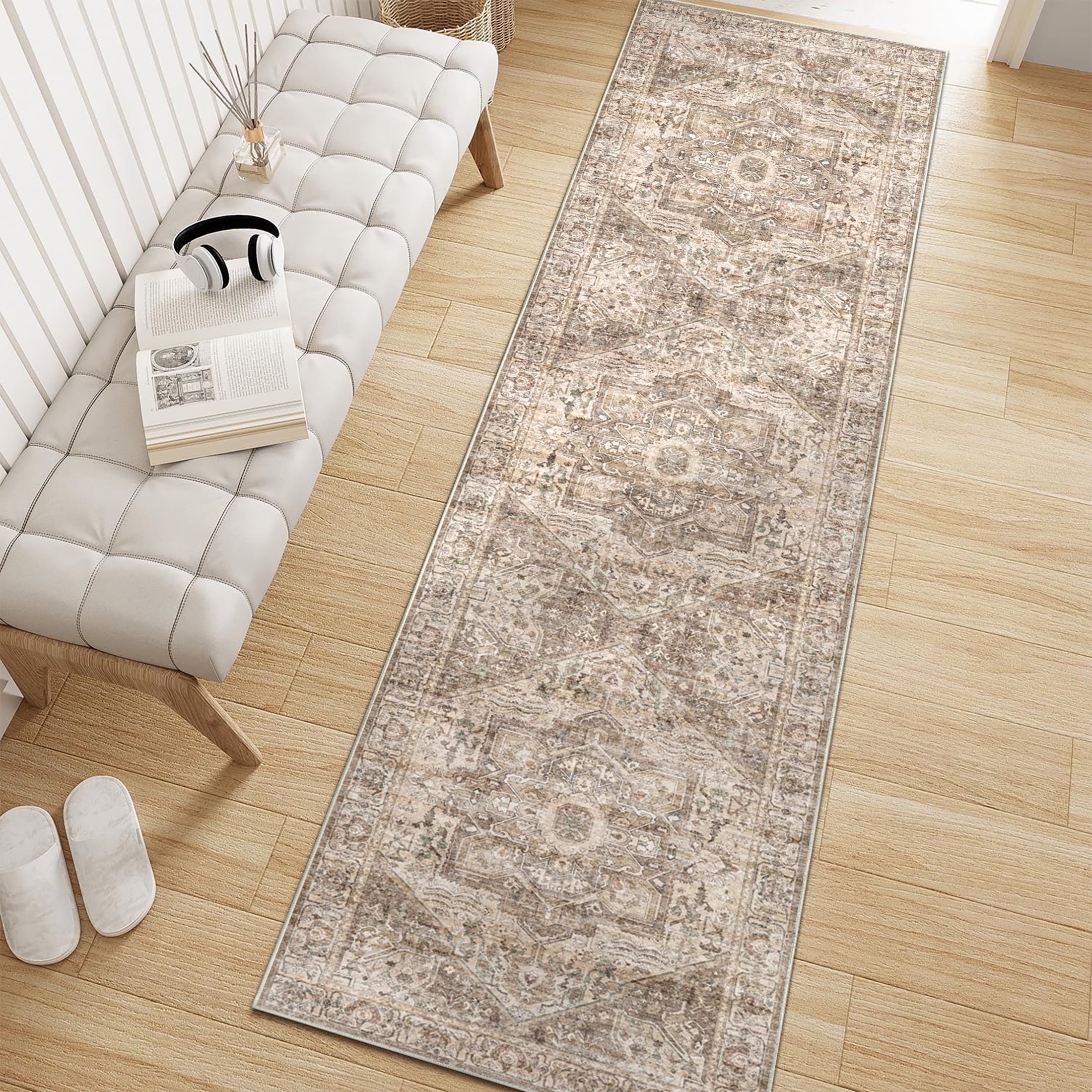 BERTHMEER 8'x10' Area Rugs for Living Room Bedroom Office Dining Room Farmhouse Oriental Non Slip Vintage Traditional Floral Rugs Carpets,Golden Brown