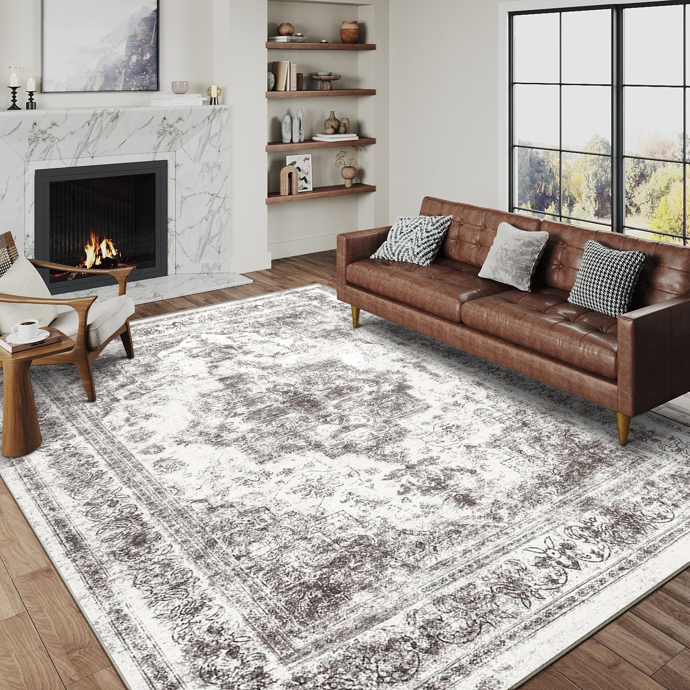 BERTHMEER 8'x10' Area Rugs for Living Room Bedroom Office Dining Room Farmhouse Oriental Non Slip Vintage Traditional Floral Rugs Carpets,Golden Brown