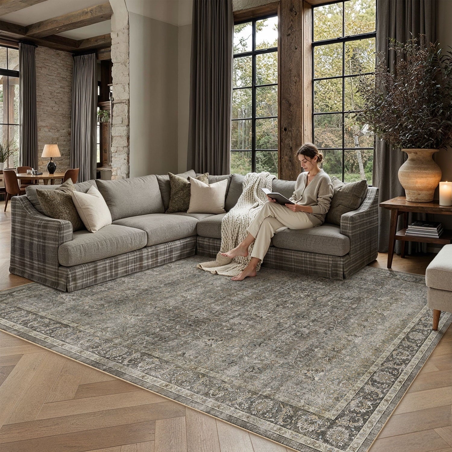 BERTHMEER 8'x10' Area Rugs for Living Room Bedroom Office Dining Room Farmhouse Oriental Non Slip Vintage Traditional Floral Rugs Carpets,Golden Brown