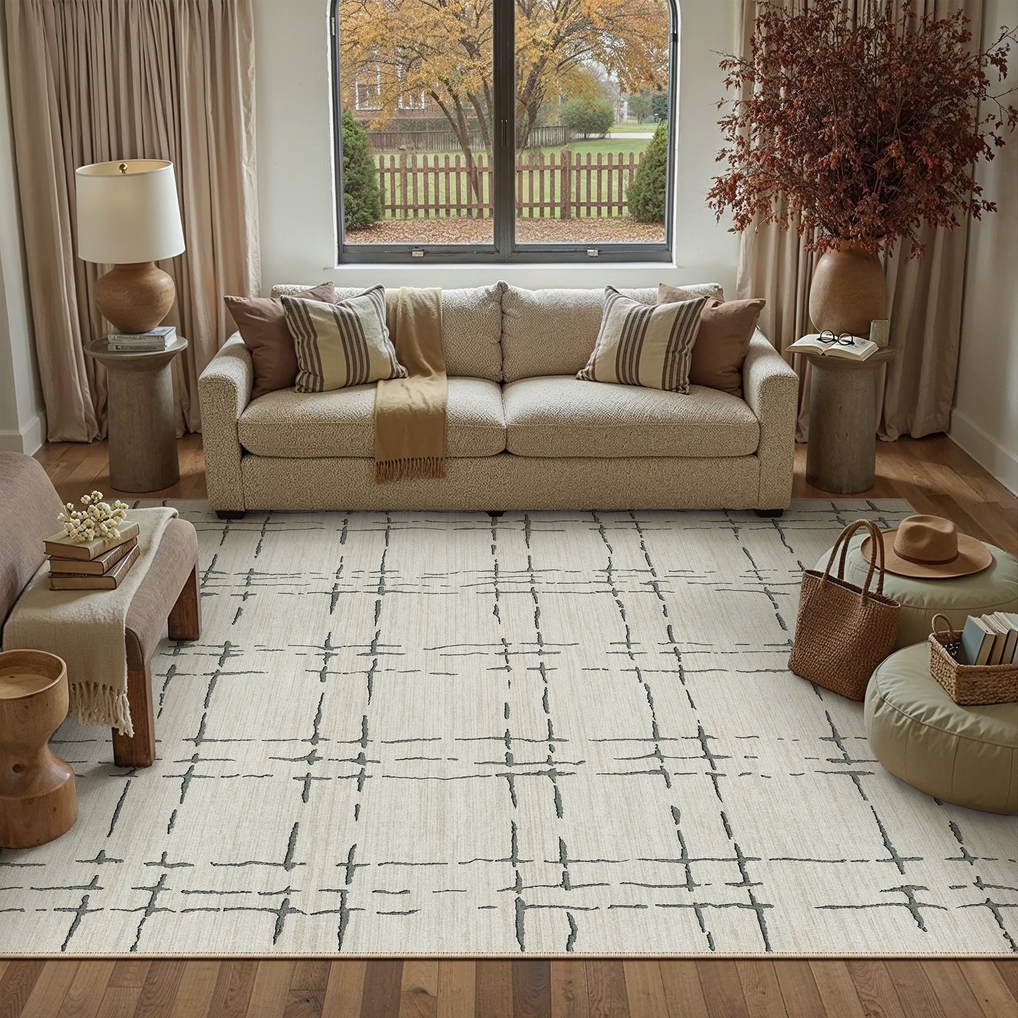 BERTHMEER 9'x12' Area Rugs for Living Room Bedroom Rhombus Checkered Large Rugs Office Dining Room Farmhouse Non Slip Washable Geometric Modern Contemporary Rugs Carpets,Beige