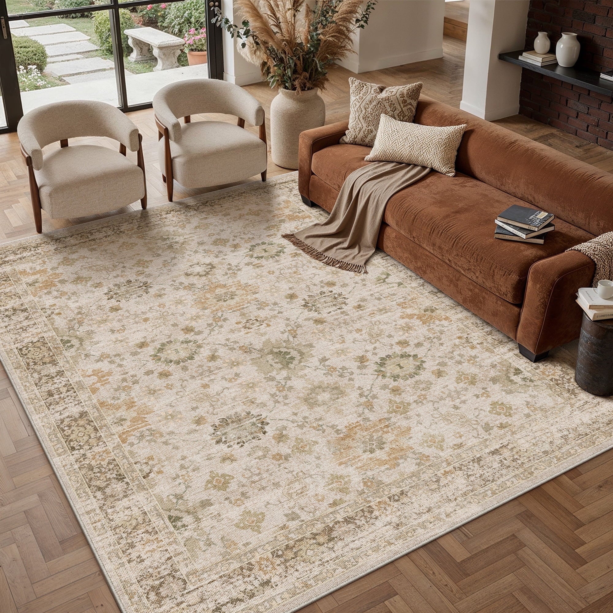 BERTHMEER 5'x7' Area Rugs for Living Room Vintage Beige Rugs for Bedroom Kitchen Non Slip Washable Carpets Oriental Distressed Home Office Dorm Dining Room Traditional Distressed Throw Rugs