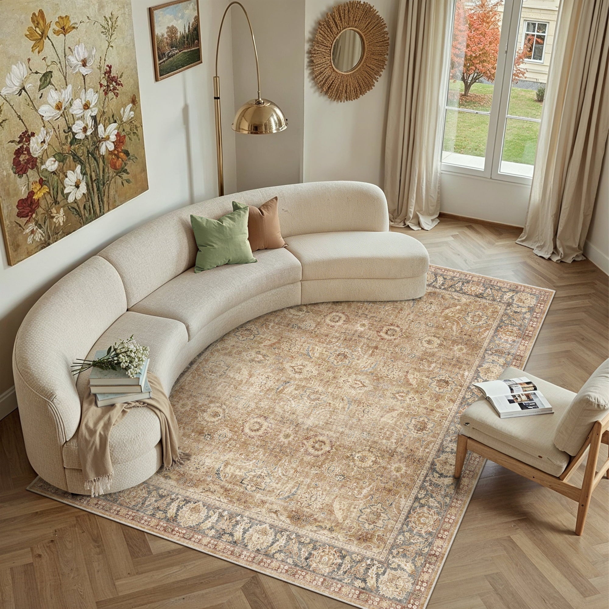 BERTHMEER 5'x7' Area Rugs for Living Room Vintage Beige Rugs for Bedroom Kitchen Non Slip Washable Carpets Oriental Distressed Home Office Dorm Dining Room Traditional Distressed Throw Rugs