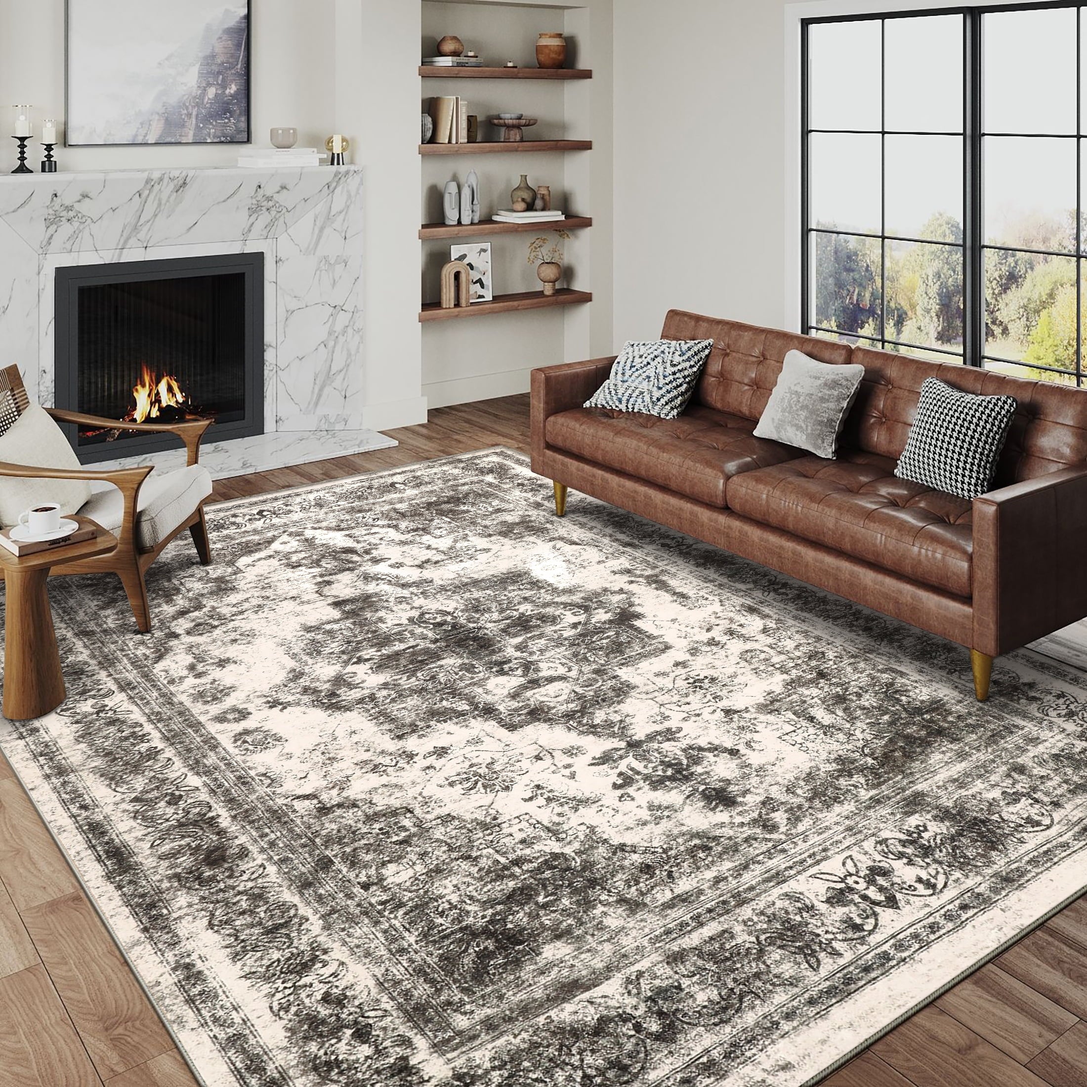 BERTHMEER 8'x10' Area Rugs for Living Room Bedroom Office Dining Room Farmhouse Oriental Non Slip Vintage Traditional Floral Rugs Carpets,Golden Brown