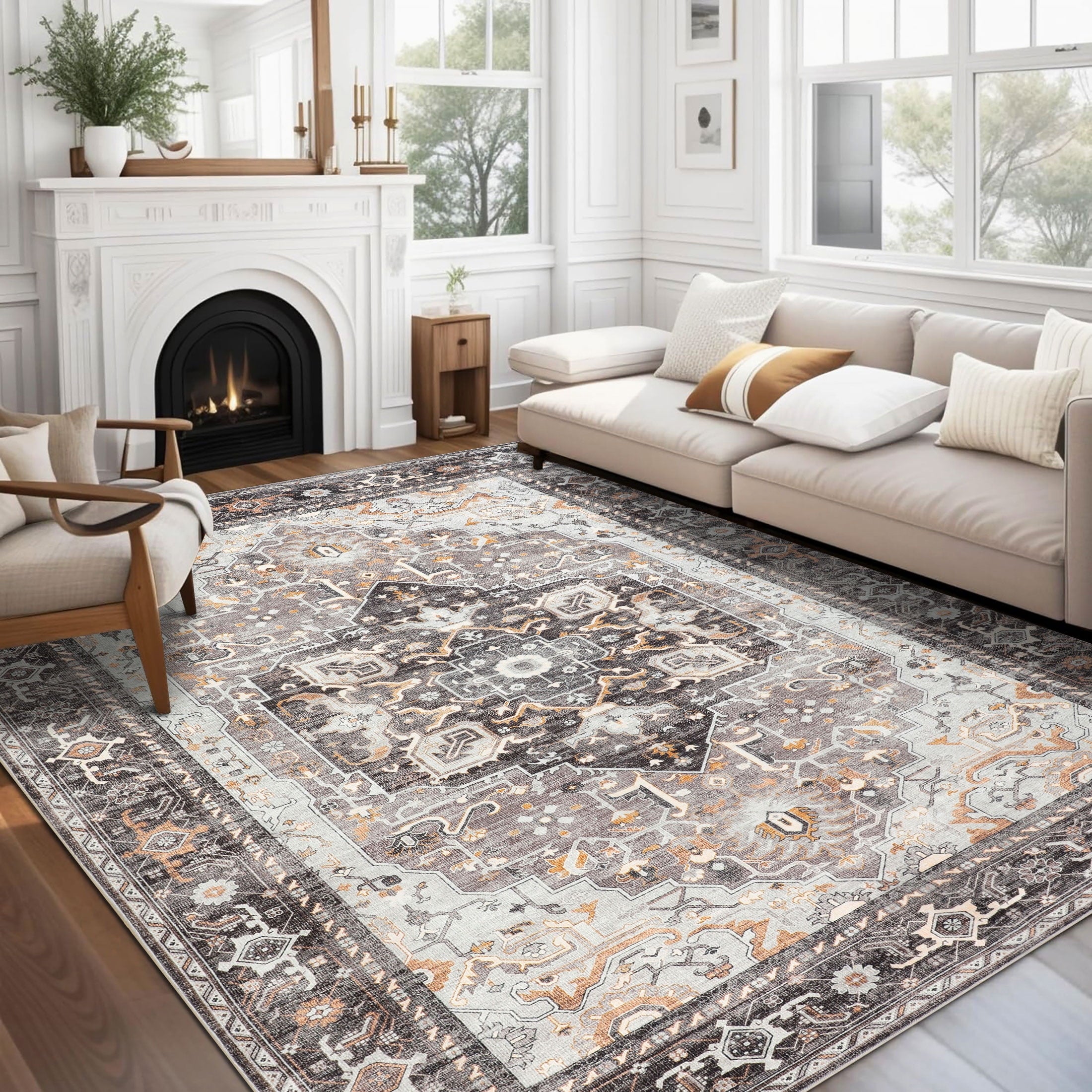 BERTHMEER 8'x10' Area Rugs for Living Room Bedroom Office Dining Room Farmhouse Oriental Non Slip Vintage Traditional Floral Rugs Carpets,Golden Brown