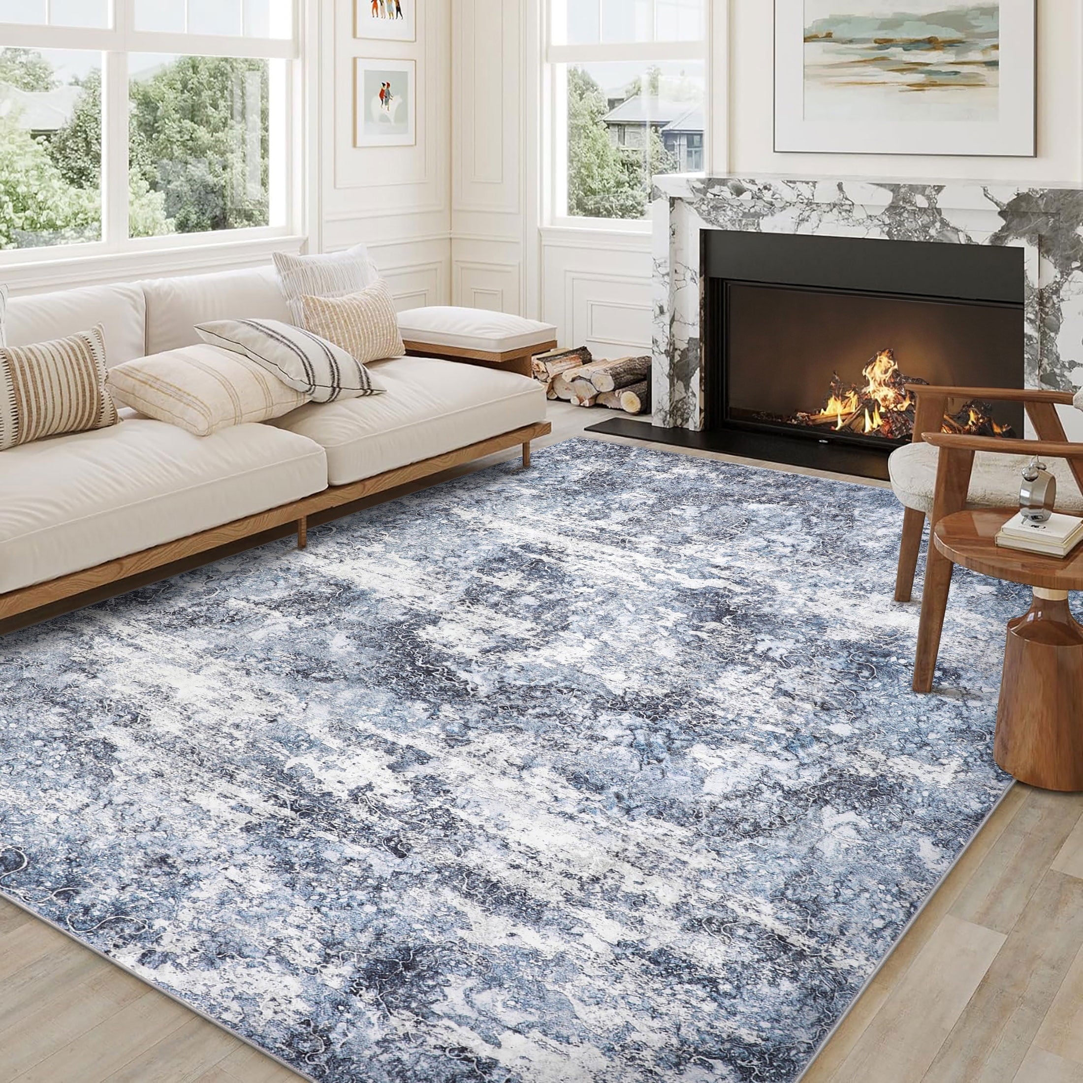 BERTHMEER 8'x10' Large Abstract Area Rugs for Living Room Bedroom Farmhouse Office non-slip Machine Washable, Blue Gray