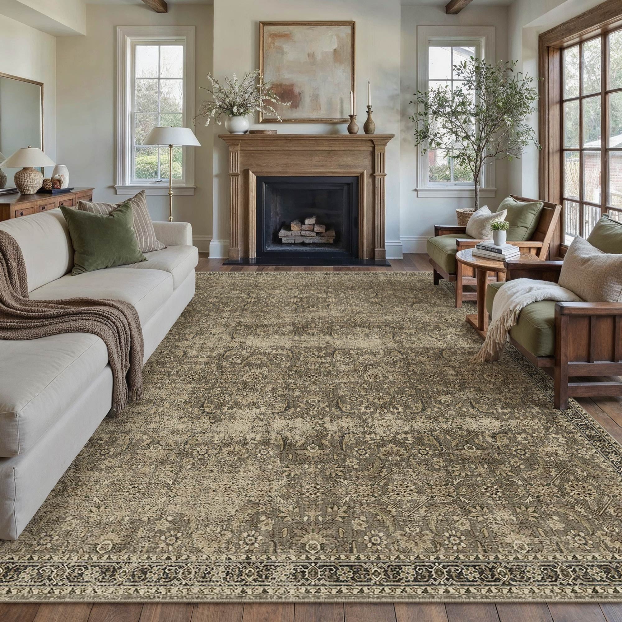 BERTHMEER 8'x10' Large Brown Area Rugs Vintage Oriental Traditional Rugs for Living Room Bedroom Dining Room Farmhouse Machine Washable Non-slip