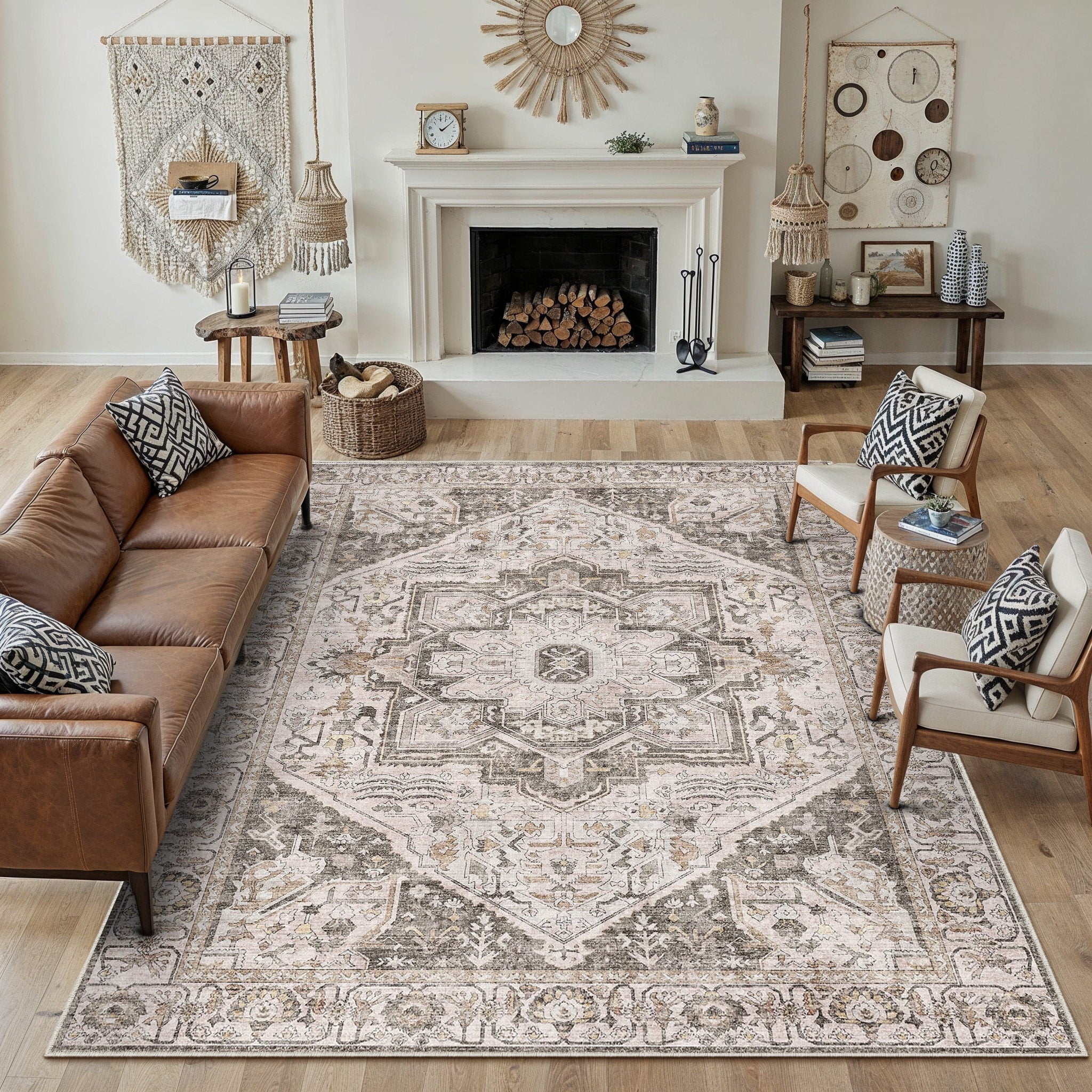 BERTHMEER 8'x10' Area Rugs for Living Room Bedroom Office Dining Room Farmhouse Oriental Non Slip Vintage Traditional Floral Rugs Carpets,Golden Brown
