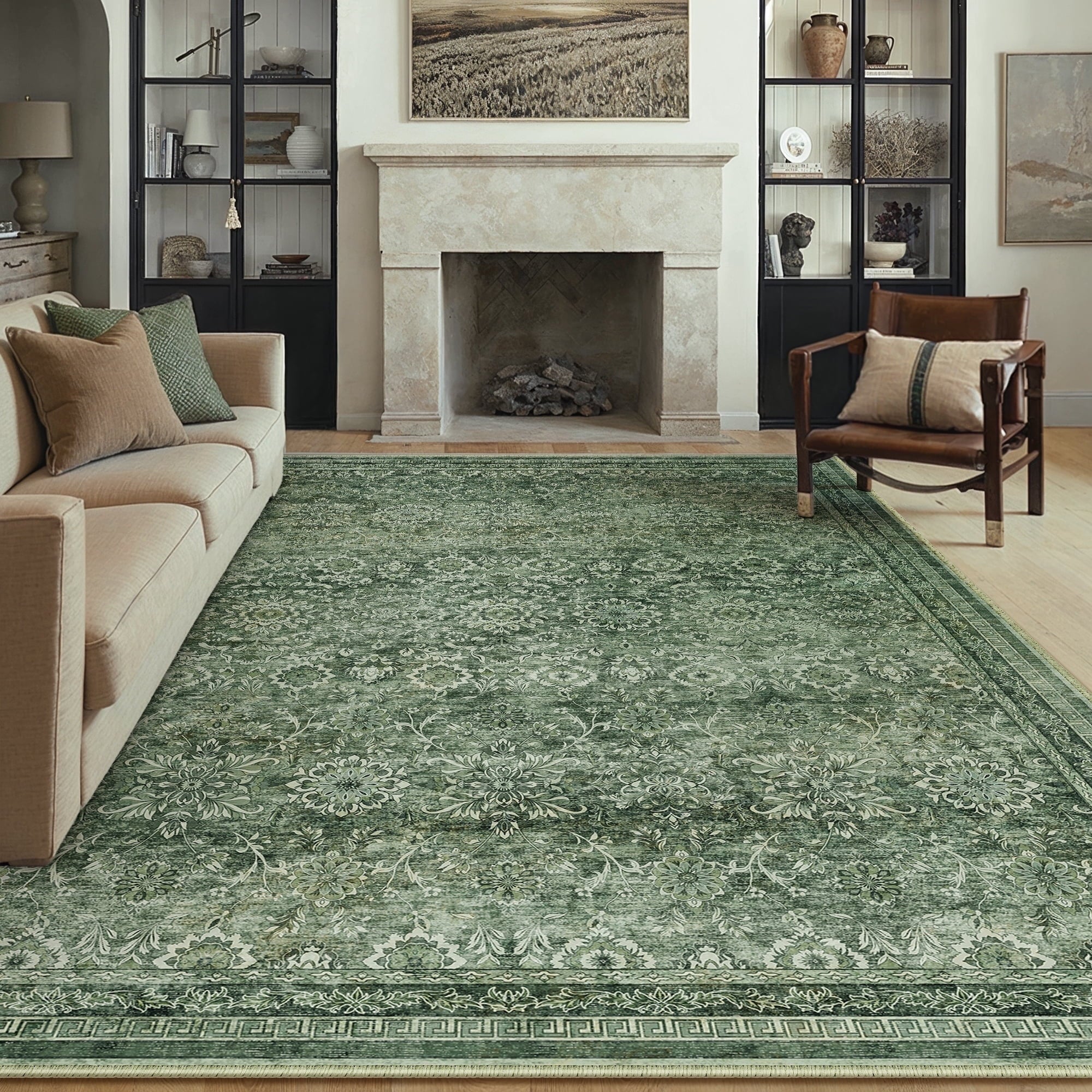 BERTHMEER 8'x10' Area Rugs for Living Room Vintage Brown Rugs for Bedroom Home Office Machine Washable Large Farmhouse Dining Room Oriental Rugs Non Slip Traditional Distressed Carpets