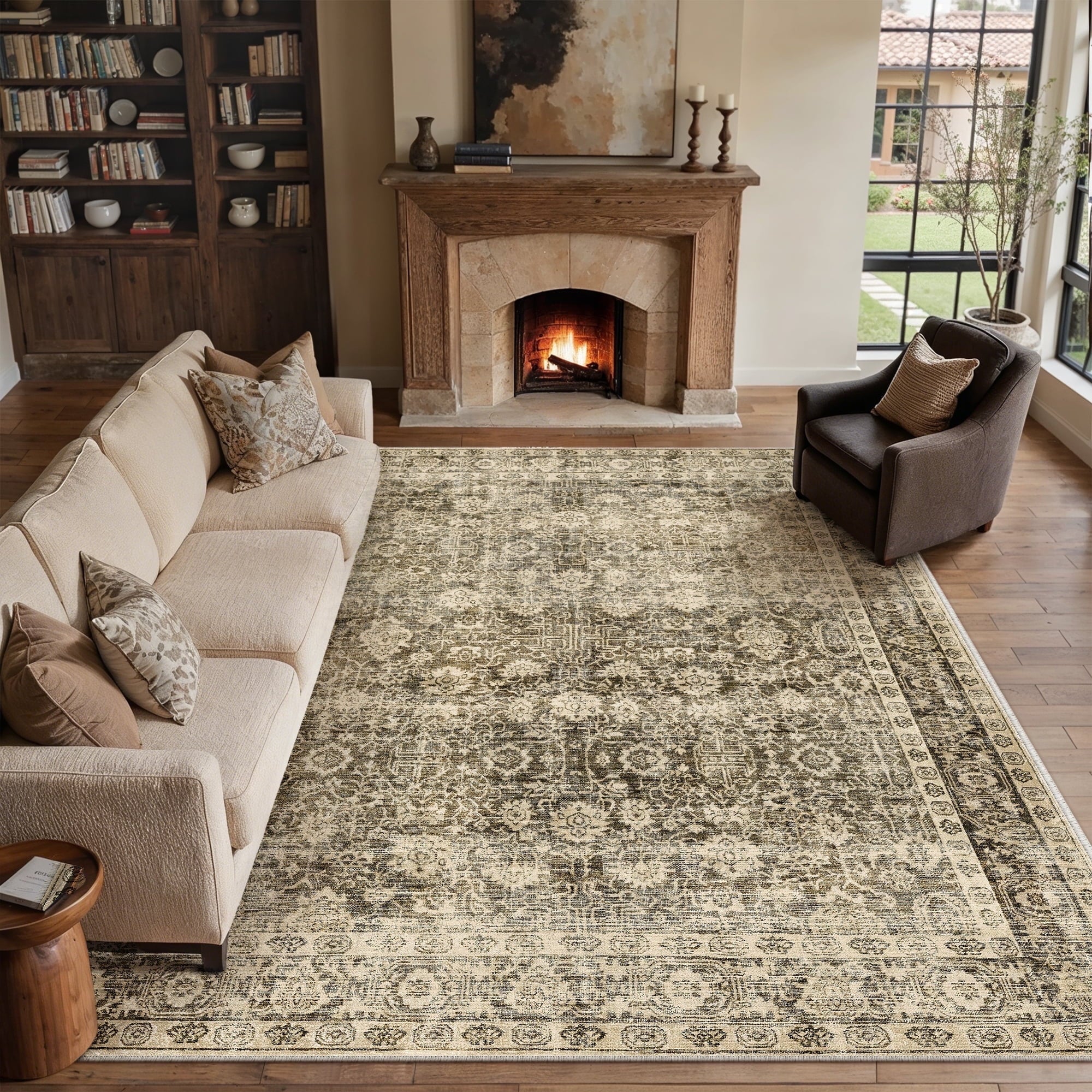 BERTHMEER 5'x7' Area Rugs for Living Room Vintage Beige Rugs for Bedroom Kitchen Non Slip Washable Carpets Oriental Distressed Home Office Dorm Dining Room Traditional Distressed Throw Rugs