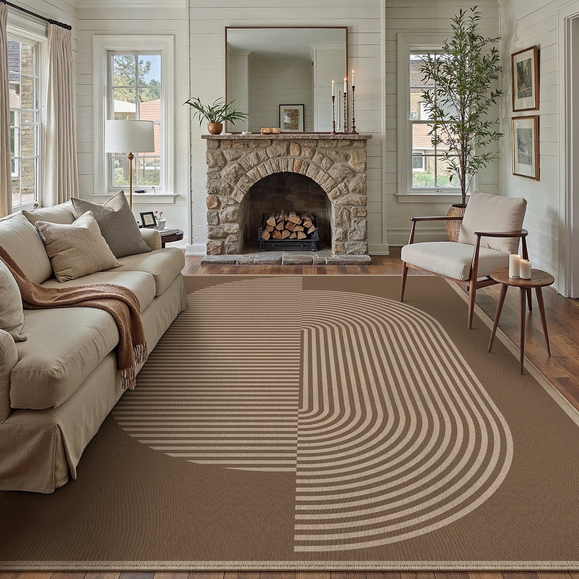 BERTHMEER 5'x7' Easy Jute Area Rugs, Washable Rugs for Living Room Farmhouse Neutral Carpet Non Slip Contemporary Geometric Stripes Black Rugs for Office Bedroom Dining Room