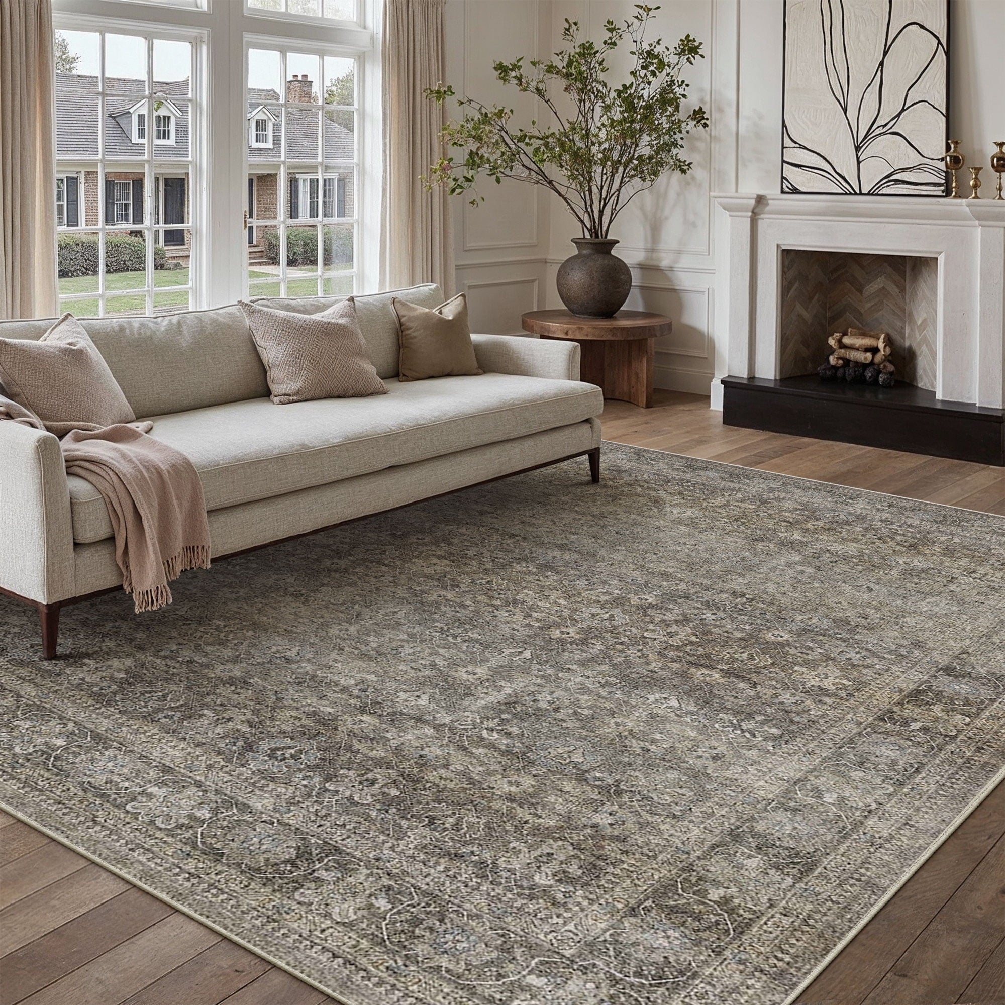 BERTHMEER 8'x10' Large Brown Area Rugs Vintage Oriental Traditional Rugs for Living Room Bedroom Dining Room Farmhouse Machine Washable Non-slip