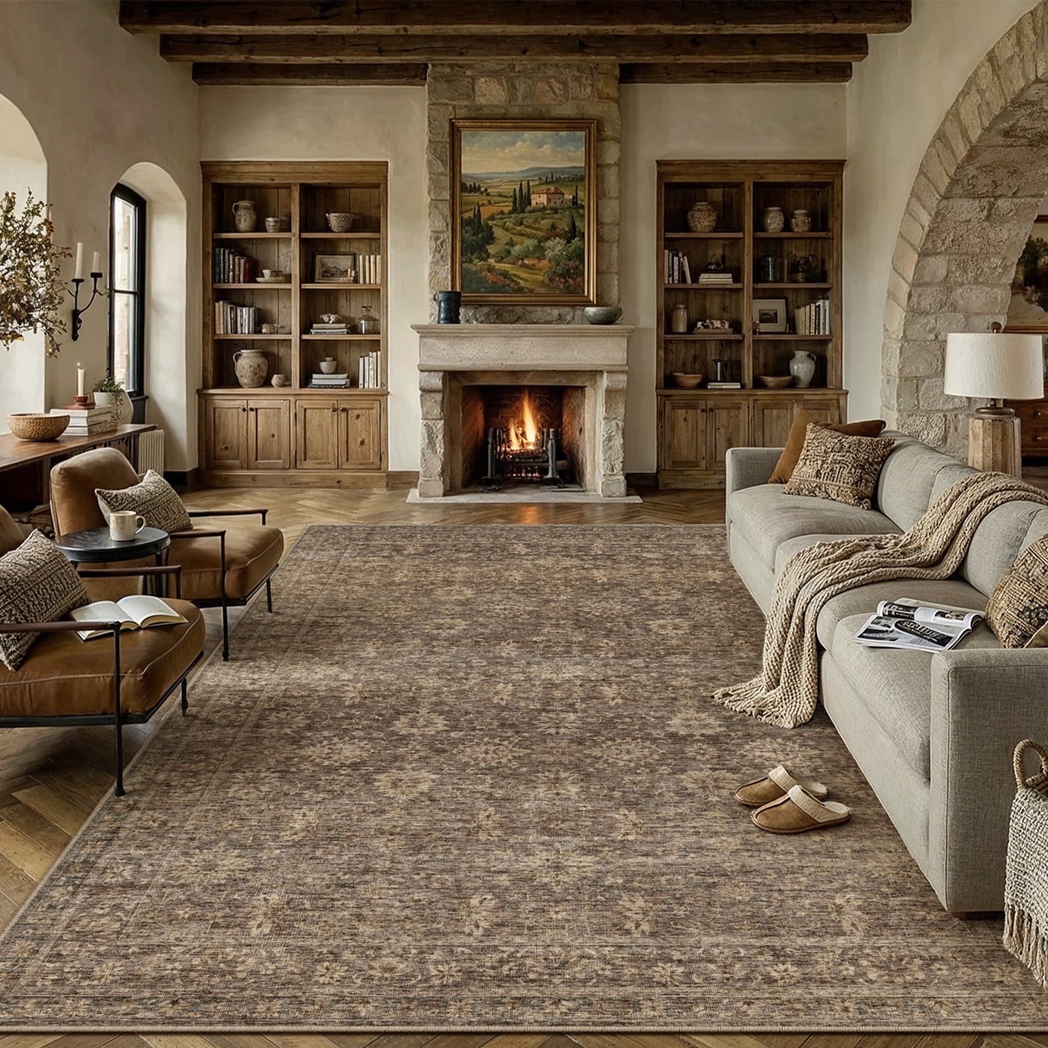 BERTHMEER 8'x10' Area Rugs for Living Room Bedroom Office Dining Room Farmhouse Oriental Non Slip Vintage Traditional Floral Rugs Carpets,Golden Brown