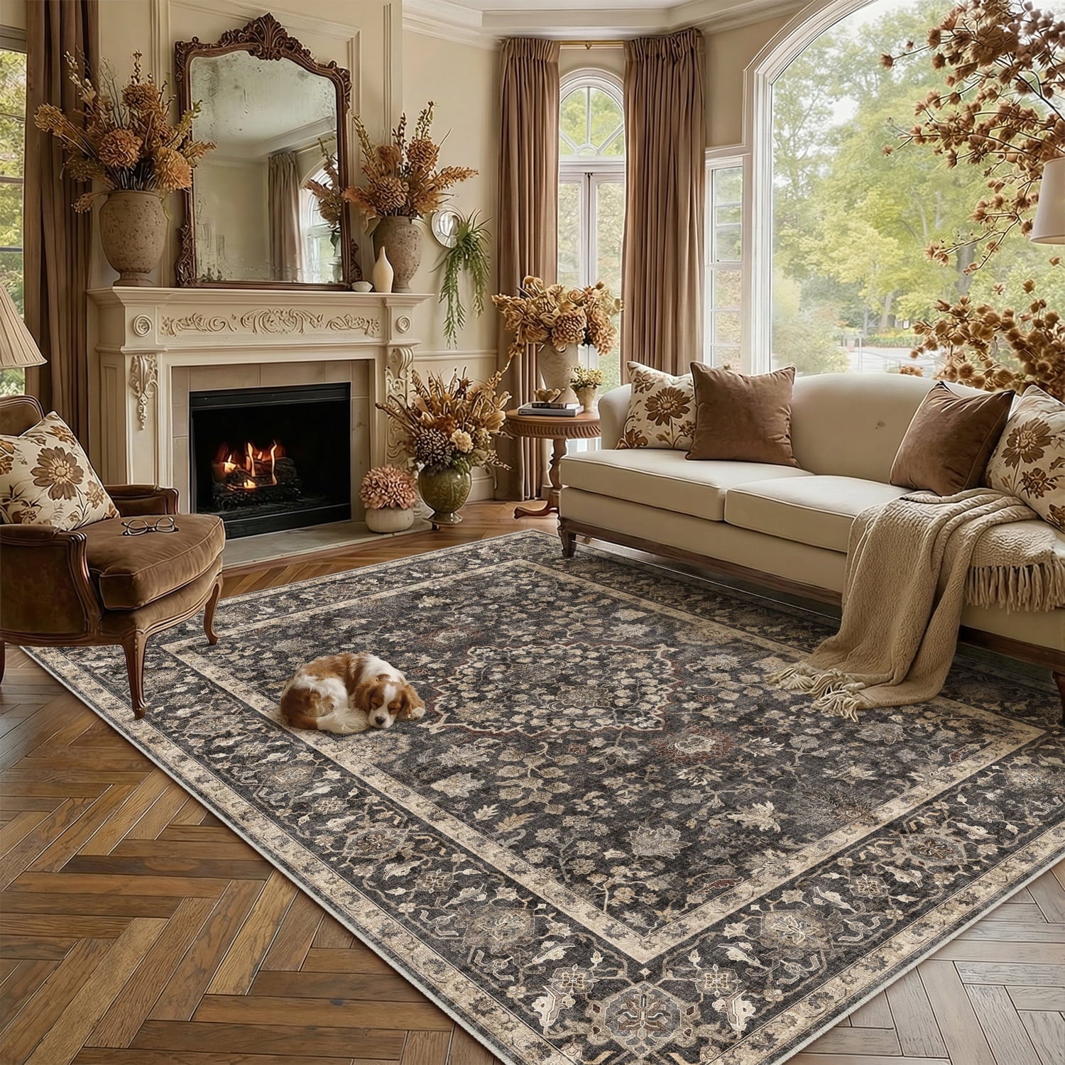 BERTHMEER 8'x10' Area Rugs for Living Room Bedroom Office Dining Room Farmhouse Oriental Non Slip Vintage Traditional Floral Rugs Carpets,Golden Brown