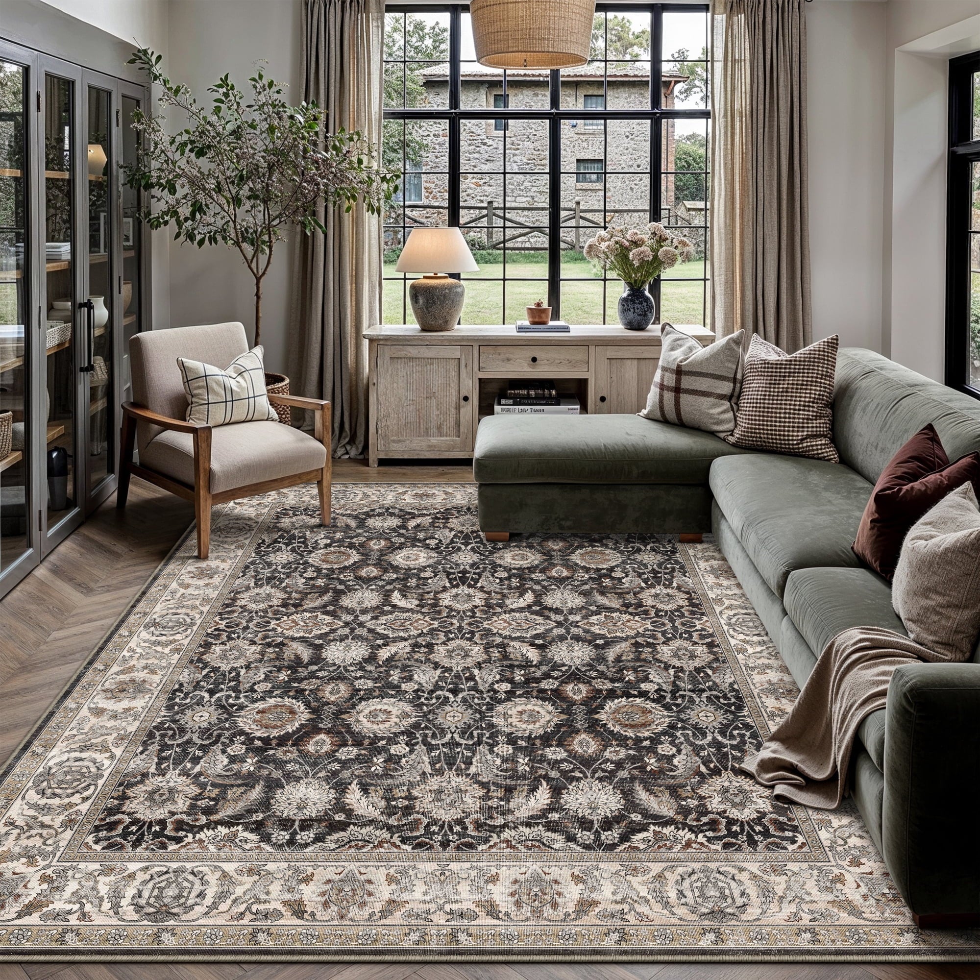 BERTHMEER 5'x7' Area Rugs for Living Room Vintage Beige Rugs for Bedroom Kitchen Non Slip Washable Carpets Oriental Distressed Home Office Dorm Dining Room Traditional Distressed Throw Rugs