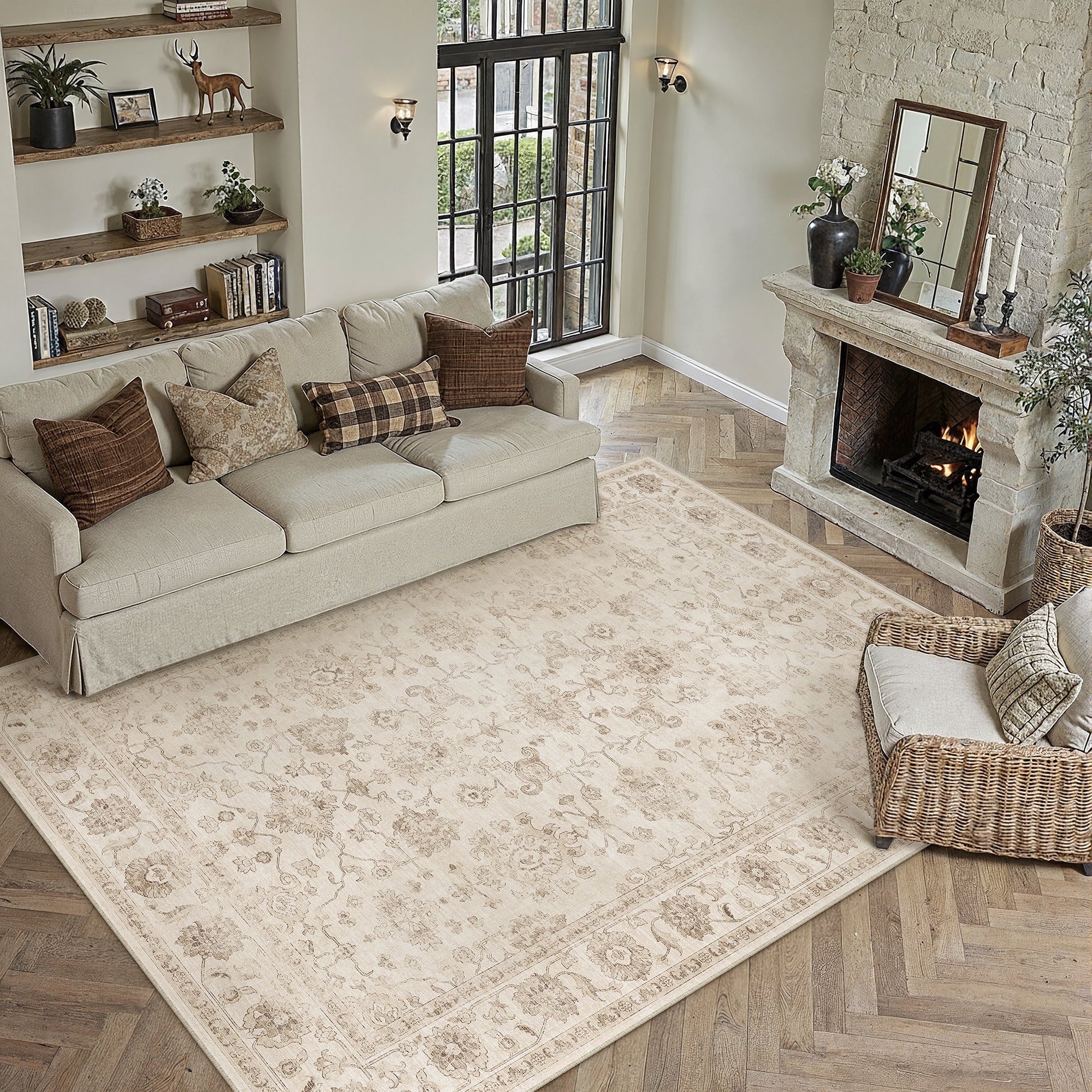 BERTHMEER 5'x7' Area Rugs for Living Room Vintage Beige Rugs for Bedroom Kitchen Non Slip Washable Carpets Oriental Distressed Home Office Dorm Dining Room Traditional Distressed Throw Rugs