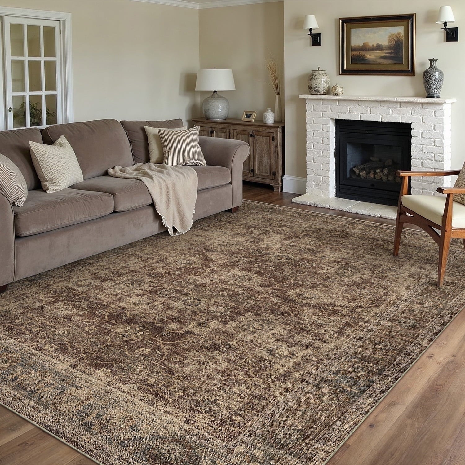 BERTHMEER 5'x7' Area Rugs for Living Room Vintage Beige Rugs for Bedroom Kitchen Non Slip Washable Carpets Oriental Distressed Home Office Dorm Dining Room Traditional Distressed Throw Rugs