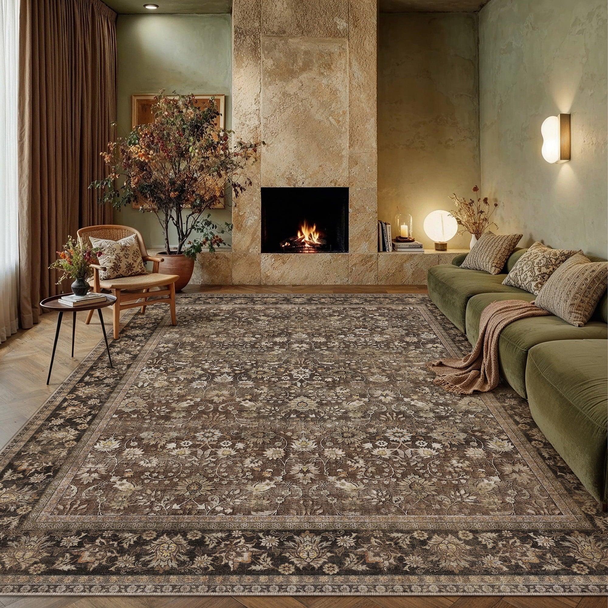BERTHMEER 8'x10' Large Brown Area Rugs Vintage Oriental Traditional Rugs for Living Room Bedroom Dining Room Farmhouse Machine Washable Non-slip