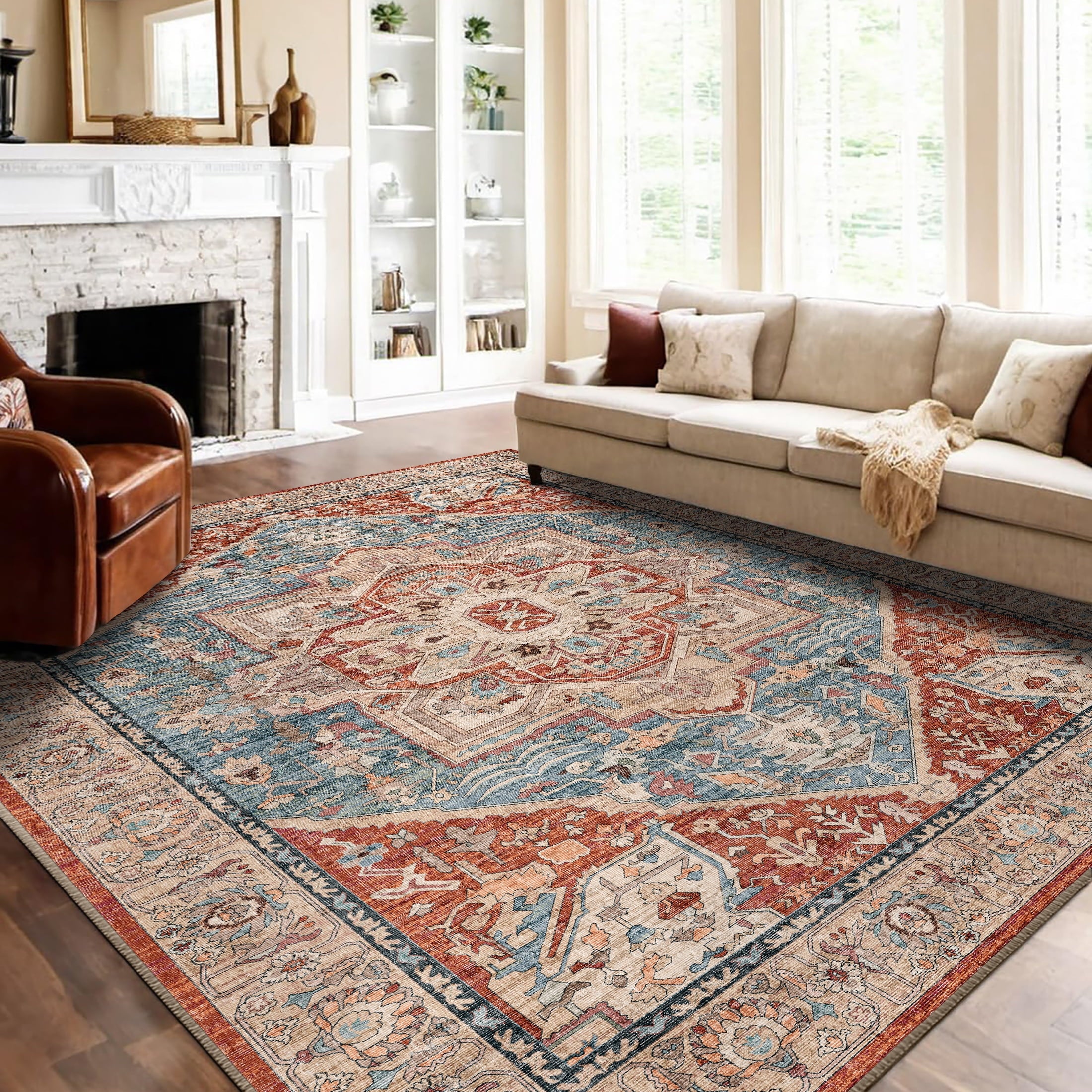 BERTHMEER 8'x10' Area Rugs for Living Room Bedroom Office Dining Room Farmhouse Oriental Non Slip Vintage Traditional Floral Rugs Carpets,Golden Brown