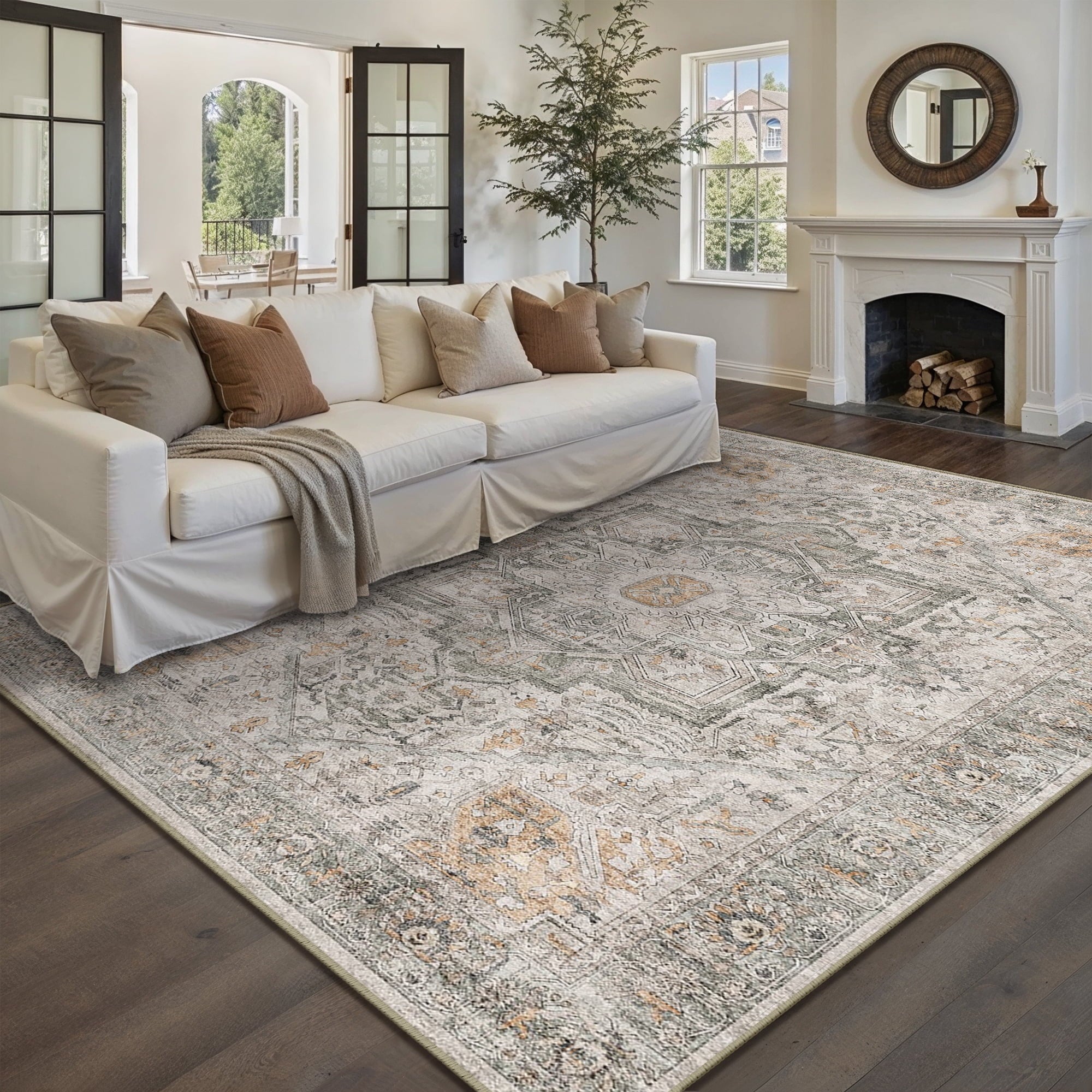 BERTHMEER 8'x10' Area Rugs for Living Room Bedroom Office Dining Room Farmhouse Oriental Non Slip Vintage Traditional Floral Rugs Carpets,Golden Brown