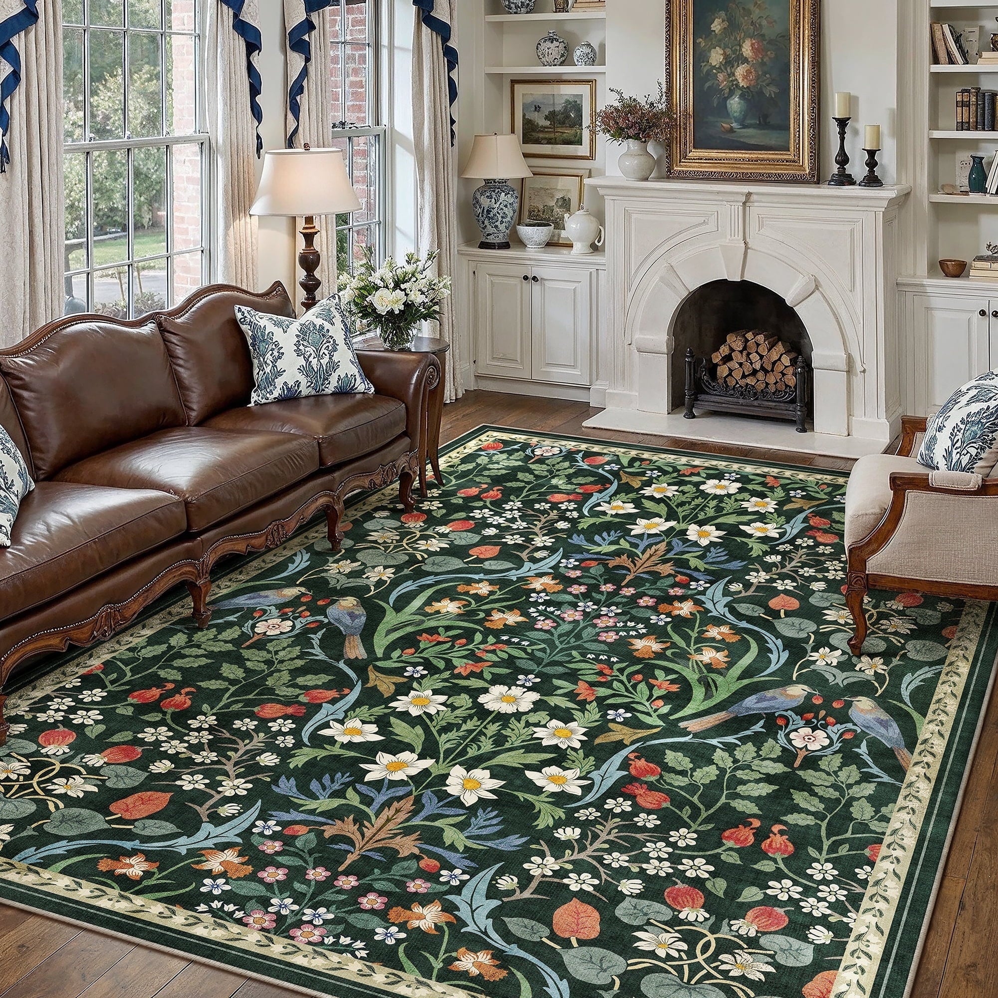 BERTHMEER Large 8'x10' Area Rugs for Living Room Rugs for Bedroom Kitchen Office Rugs Vintage Green Floral Carpets Machine Washable Farmhouse Dining Room Oriental Flower Non Slip Rugs, Multicolor