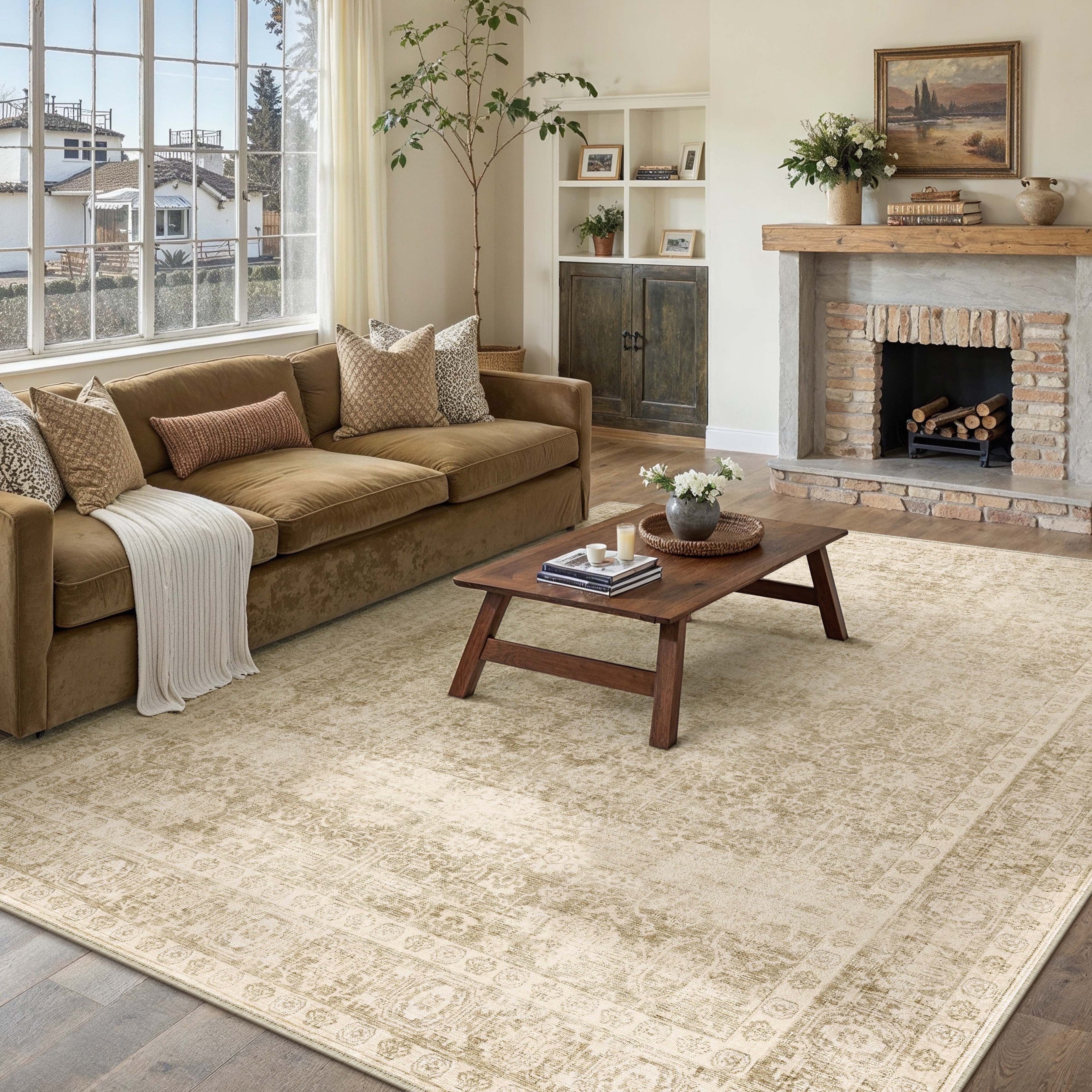 BERTHMEER 5'x7' Area Rugs for Living Room Vintage Beige Rugs for Bedroom Kitchen Non Slip Washable Carpets Oriental Distressed Home Office Dorm Dining Room Traditional Distressed Throw Rugs