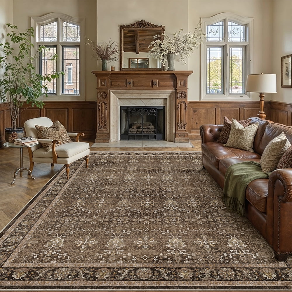 BERTHMEER 8'x10' Area Rugs for Living Room Bedroom Office Dining Room Farmhouse Oriental Non Slip Vintage Traditional Floral Rugs Carpets,Golden Brown