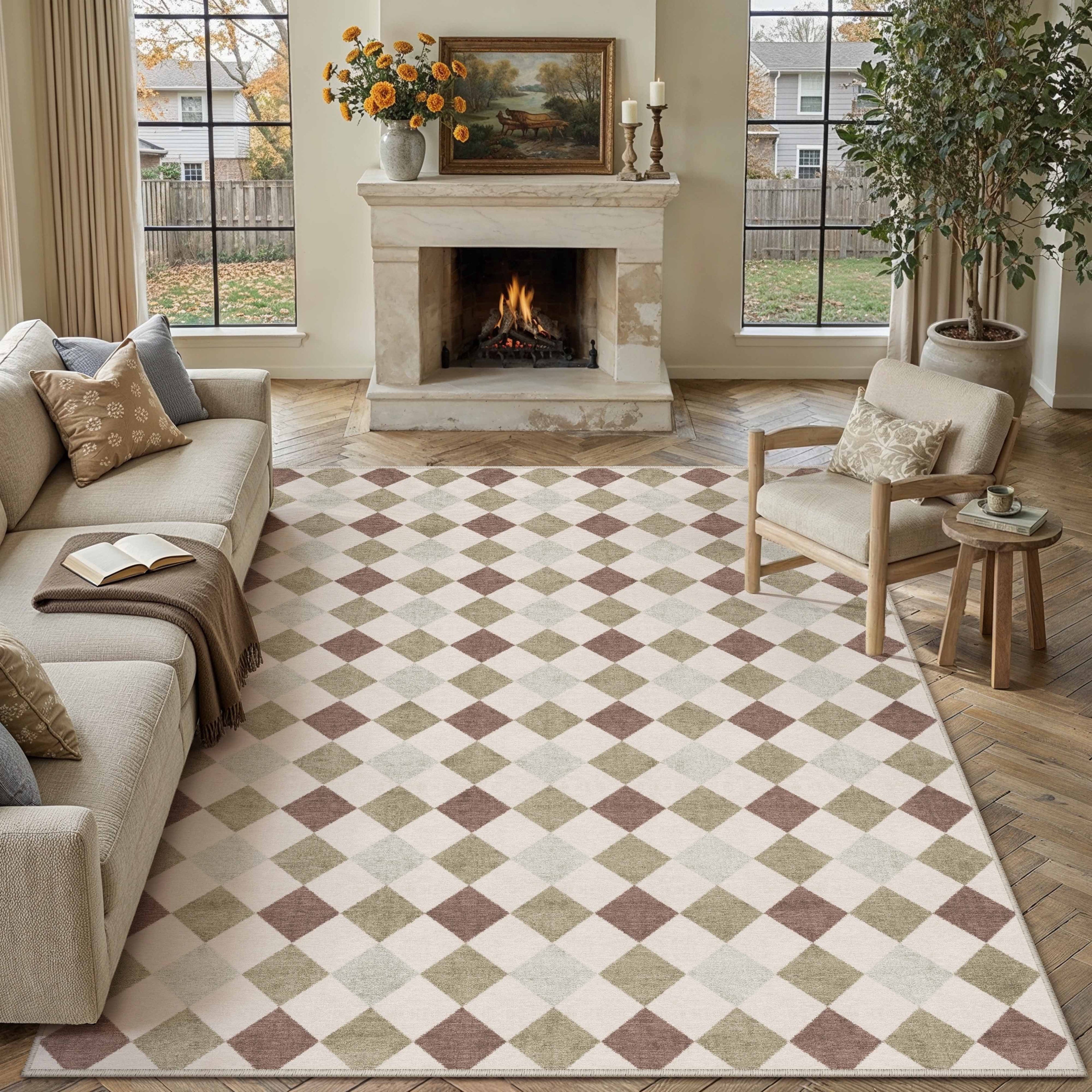 BERTHMEER 9'x12' Area Rugs for Living Room Bedroom Rhombus Checkered Large Rugs Office Dining Room Farmhouse Non Slip Washable Geometric Modern Contemporary Rugs Carpets,Beige
