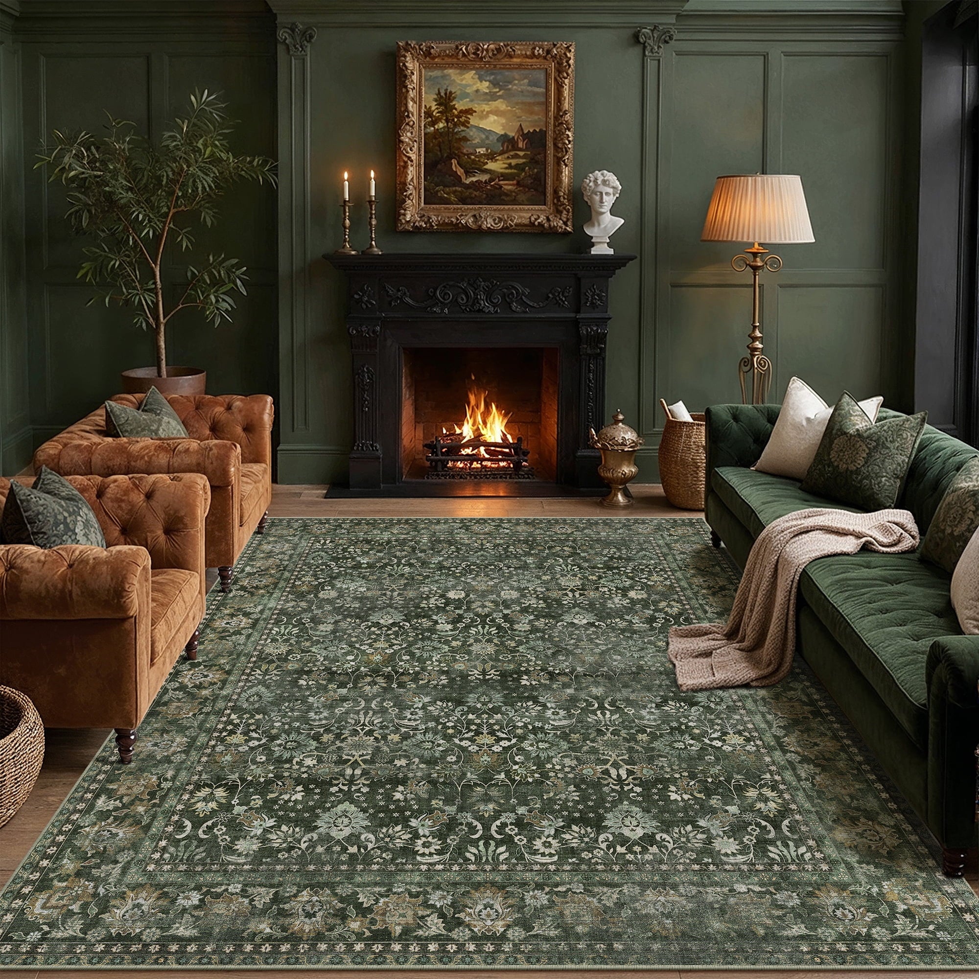 BERTHMEER 8'x10' Large Brown Area Rugs Vintage Oriental Traditional Rugs for Living Room Bedroom Dining Room Farmhouse Machine Washable Non-slip