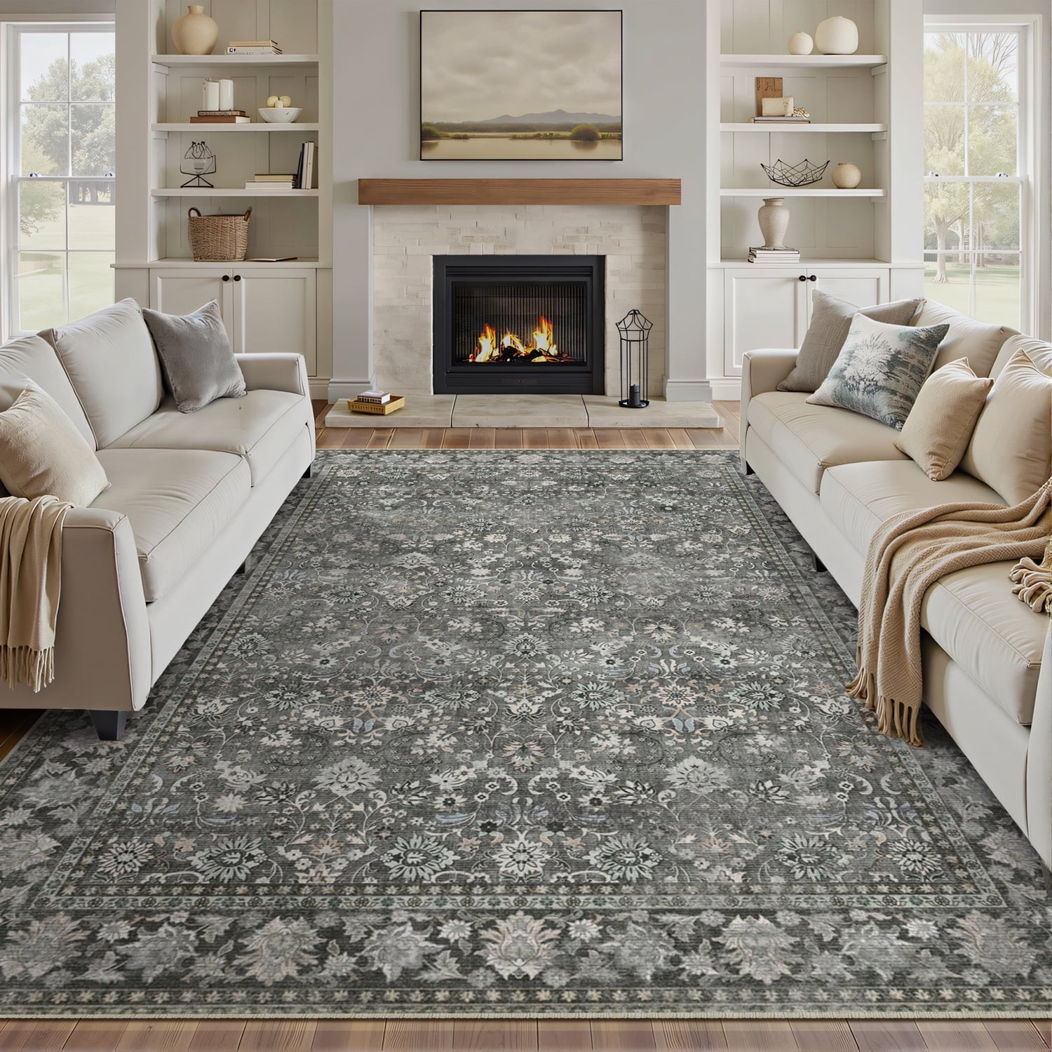 BERTHMEER 8'x10' Large Brown Area Rugs Vintage Oriental Traditional Rugs for Living Room Bedroom Dining Room Farmhouse Machine Washable Non-slip