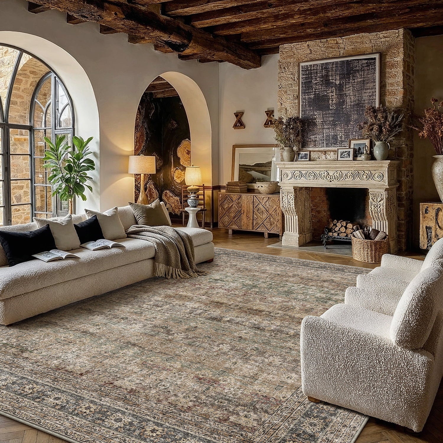 BERTHMEER Vintage Large Area Rugs 8’x10' Clearance for Living Room Bedroom Office Dining Room Farmhouse Brown Oriental Rugs Non Slip Traditional Distressed Rugs