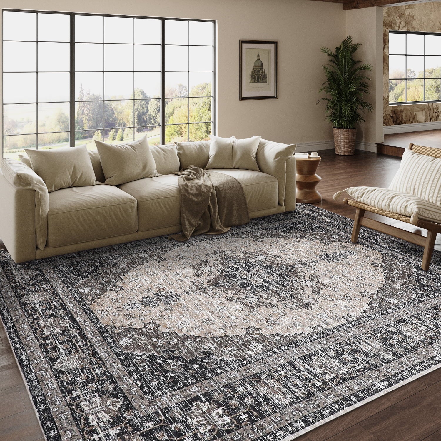 BERTHMEER 8'x10' Area Rugs for Living Room Bedroom Office Dining Room Farmhouse Oriental Non Slip Vintage Traditional Floral Rugs Carpets,Golden Brown
