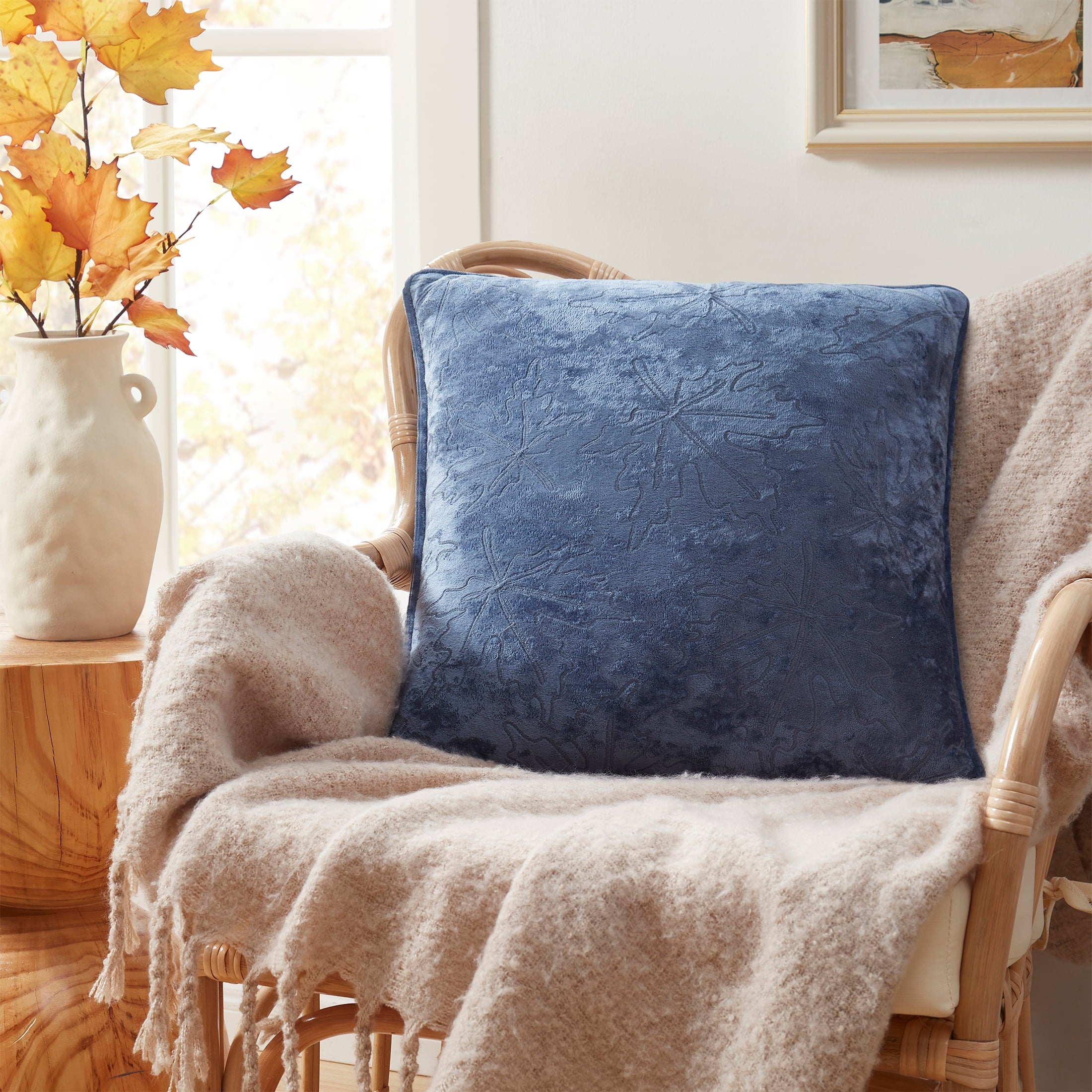 (2 pack) Way to Celebrate 18" x 18" Blue Embroidered Leaves Decorative Pillow