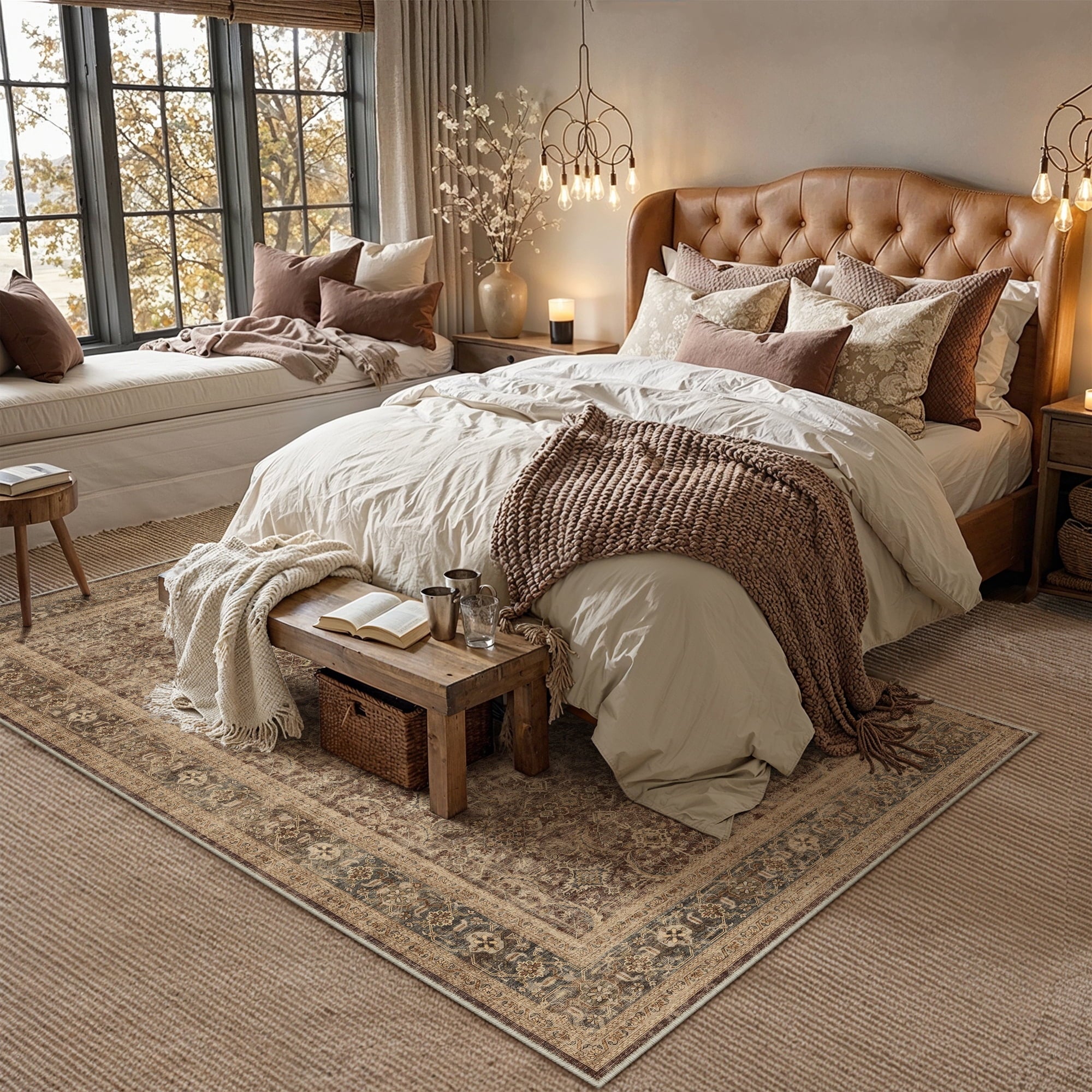 BERTHMEER 8'x10' Area Rugs for Living Room Vintage Brown Rugs for Bedroom Home Office Machine Washable Large Farmhouse Dining Room Oriental Rugs Non Slip Traditional Distressed Carpets