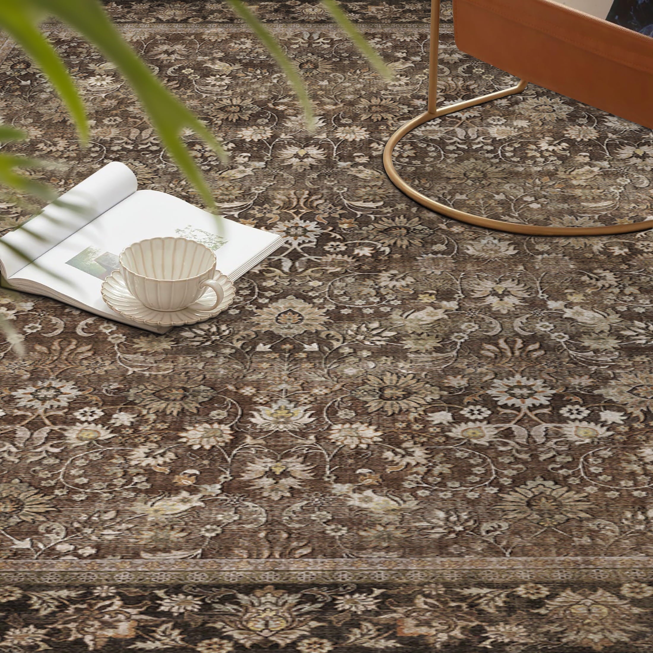 BERTHMEER 8'x10' Large Brown Area Rugs Vintage Oriental Traditional Rugs for Living Room Bedroom Dining Room Farmhouse Machine Washable Non-slip