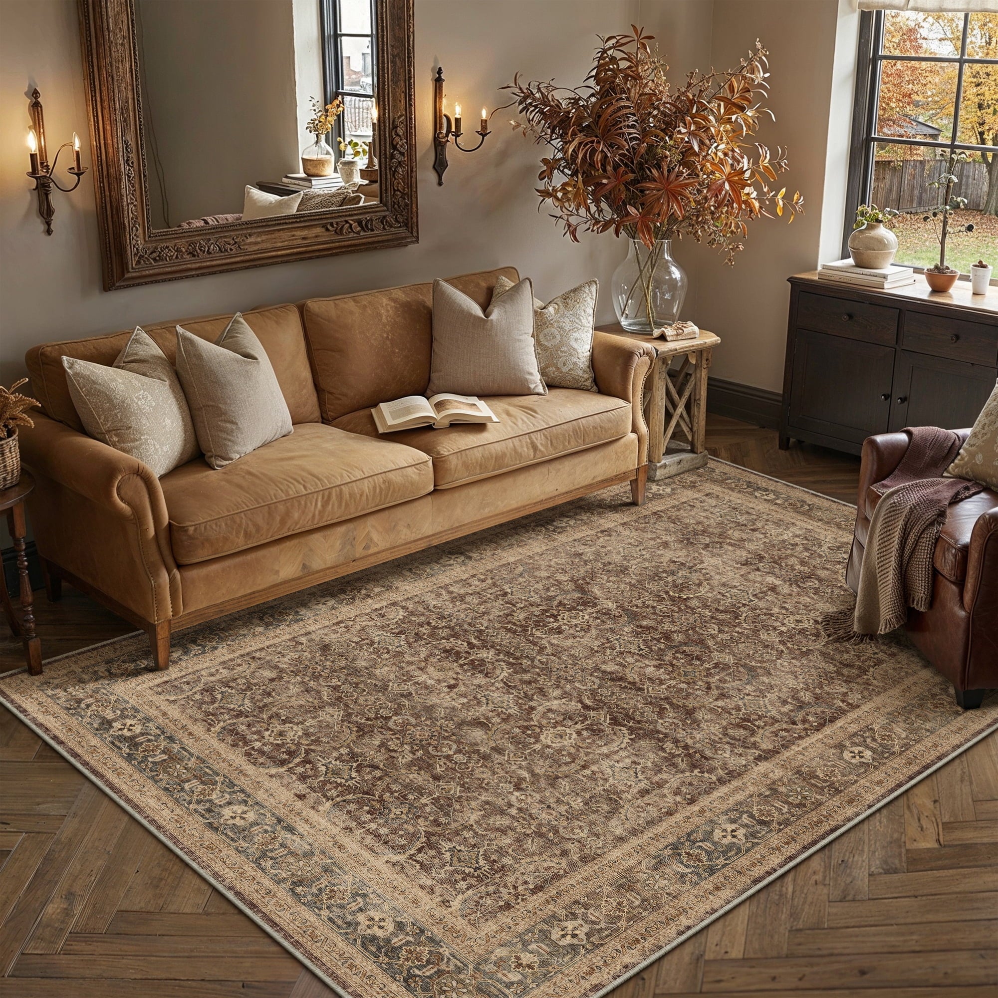BERTHMEER 8'x10' Area Rugs for Living Room Vintage Brown Rugs for Bedroom Home Office Machine Washable Large Farmhouse Dining Room Oriental Rugs Non Slip Traditional Distressed Carpets